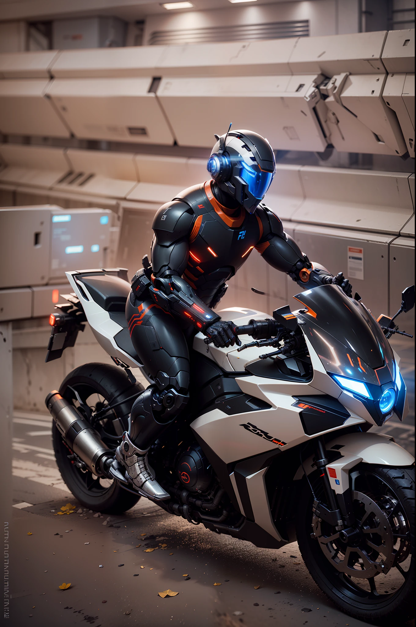 Strong handsome full body mecha cyberdude warrior, high-tech black helmet wearing cyberpunk mech clothes, Nousr, biomechanics, MSHN robot man, high-tech helmet, surreal, steel, intricate design, crazy details, fine details, extremely clear lines, cinematic lighting, photo realistic, detailed masterpiece