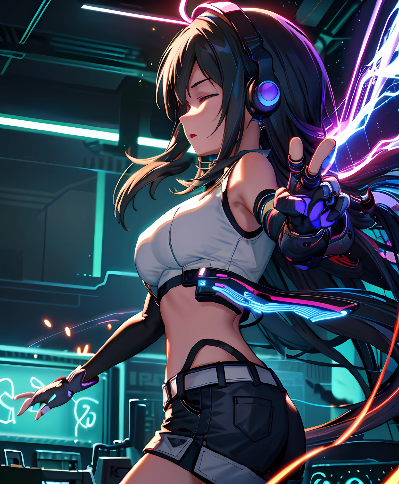 (masterpiece:1.3),(best quality:1.2),8k,absurdres, unity 8k wallpapper, realistic, (1girl:1.2),(headphones:1.1),(neon light:1.1), mechanical headwear,(mechanical wings:0.8), frown,(dynamic pose:1.1),(floating hair:1.2),(passionate:1.2),(DJ:0.9),( psychedelic:1.2),dynamic pose,(electric wire:1.1),(light beam:1.2),closed eyes,midriff, dim, cable, god rays,(indoors:1.2),from side,(instrument:0.7),frenzied, passionate,energetic,intense,electrifying,exhilarating,dynamic,thrilling,explosive, rousing,(crowd:1.2),light rays,,neonlight,electric fan, (electricity:1.2), (electronic music:1.1),(sound mixing:1.3), 帽子と凧を持つ人のクローズアップ, 初音ミクの肖像画、ミクダヨ、ミク、ハッピー!!, デジタルアニメアート!,