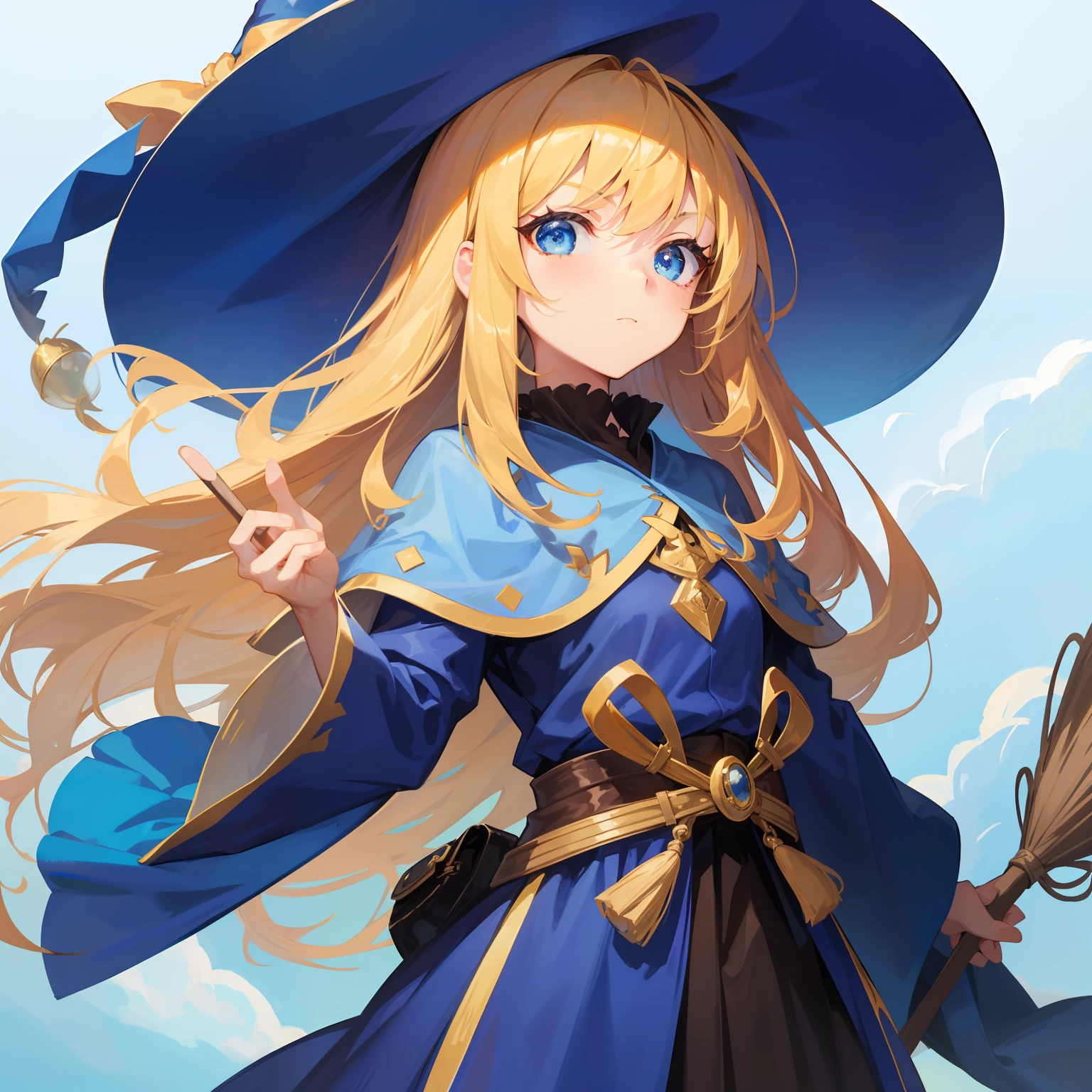 Age: 13 Height: 155cm Weight: 45kg Measurements: B78 W58 H81 Blonde blue eyes Blue hat Clothes are worn in a baggy way The only daughter of a venerable witch patriarch family Pride is high Takabee Yopuyo Witch Blue robe long Blue eyes With hair on the shoulders Hair is straight Tsundere Girl Holding a broom longer than height in her hand Long yellow hair Small breasts Child Ultra High Resolution Angry Cute Skirt Length SD 2D Deolme Illustration Anime Style Masterpiece Best Quality White Skin Big Eyes All Blue Clothes All Blue Hat Small Height Flying in the Sky on a Broom Lady Bullish Feeling Compal Witch Long Skirt Long Arm Long Delicate Feeling British Style Crescent Background Night Eyes Fine Details Beautiful Eyes: 1.2 Beautiful Detailed Face Top Quality Super Detailed Face: 1.2 Girl Masterpiece Blue skirt Stature Everything you're wearing is blue Bukabuka's clothes Look down