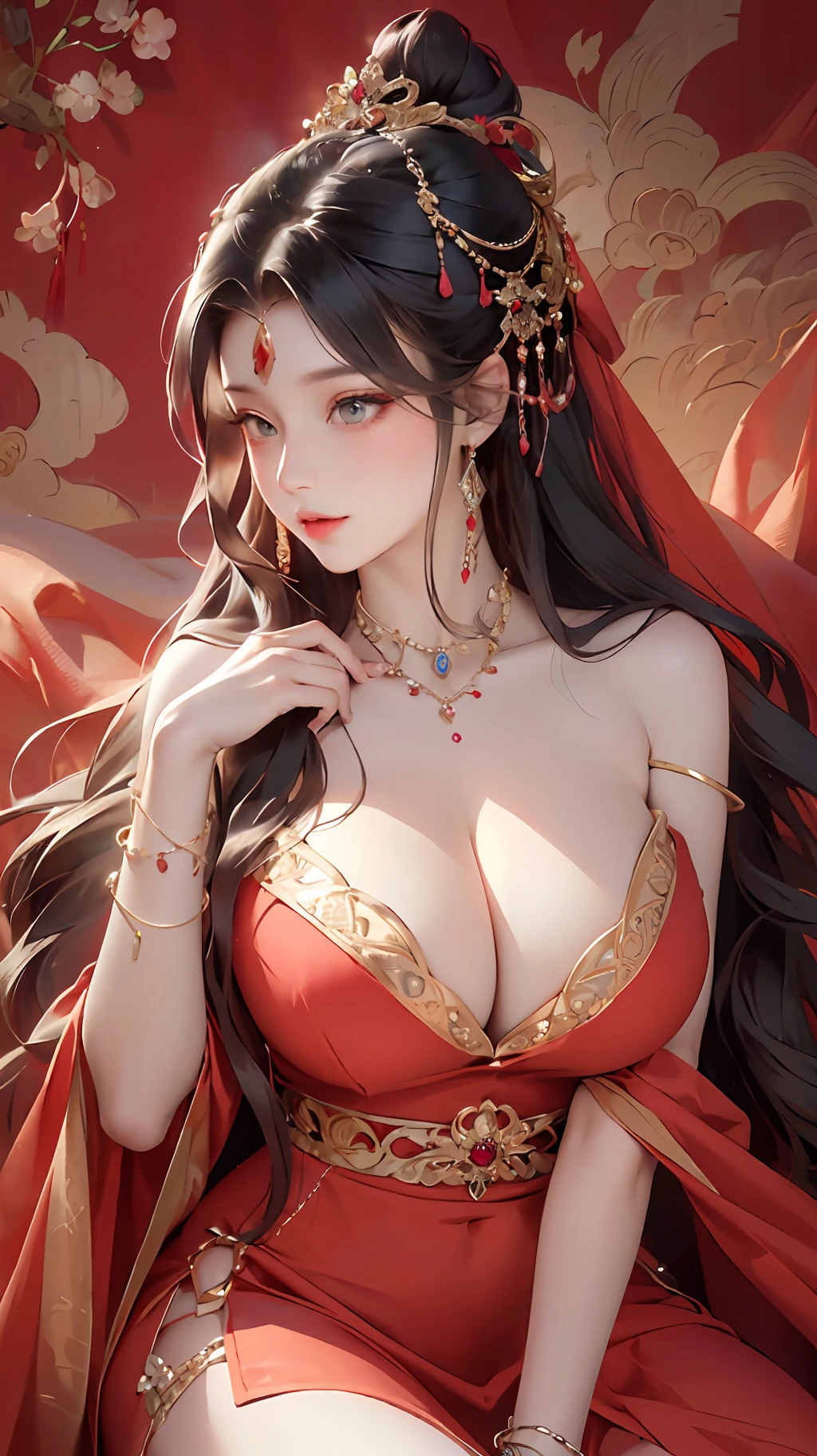 Masterpiece, Best Quality, 8K, Detailed Skin Texture, Realistic, Detailed Cloth Texture, Beautiful Detail Face, Intricate Detail, Solo, 1 Cute Maiden, Ultra Detailed, Detailed Hair, Long Black Hair, Qi Bangs, Blush, Light Smile, (eyes wide open: 1.3), (eye reflex: 1.6), shyness, (smooth, skin reflecting light), (slim, red theme, traditional Chinese long dress, red hood, belly pocket, ribbon entangled body, ruby headdress, lots of diamond jewelry, lots of ruby jewelry, (bracelets, anklets, waist chains, detailed clothes, detailed accessories), chest two points bulge, no bra, lying, posing, updraft), (huge breasts, thighs, (thin legs)), extremely gorgeous, detailed Dunhuang style, Detailed Dunhuang mural background, side shot
