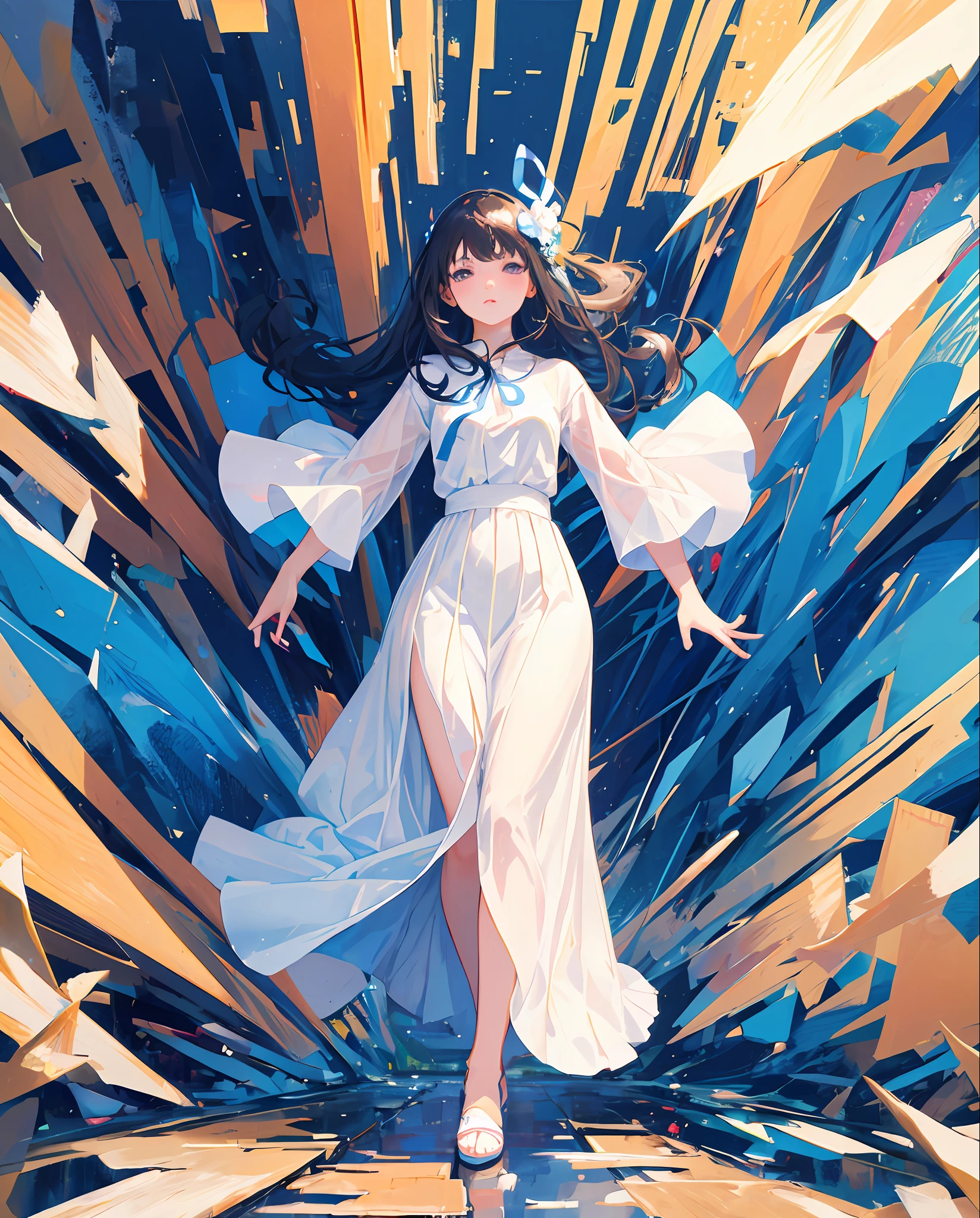 masterpiece, best quality, one girl, long hair, white long dress, blue ribbon,abstract background