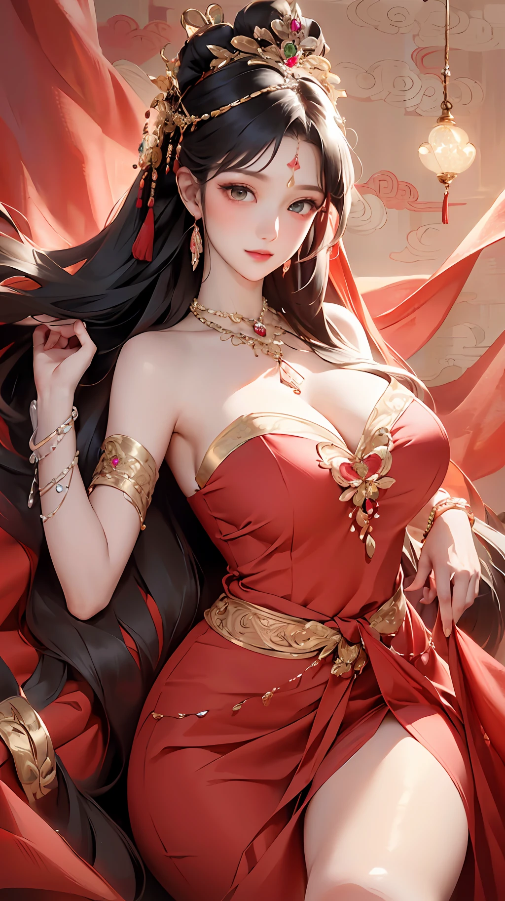 Masterpiece, Best Quality, 8K, Detailed Skin Texture, Realistic, Detailed Cloth Texture, Beautiful Detail Face, Intricate Detail, Solo, 1 Cute Maiden, Ultra Detailed, Detailed Hair, Long Black Hair, Qi Bangs, Blush, Light Smile, (eyes wide open: 1.3), (eye reflex: 1.6), shyness, (smooth, skin reflecting light), (slim, red theme, traditional Chinese long dress, red hood, belly pocket, ribbon entangled body, ruby headdress, lots of diamond jewelry, lots of ruby jewelry, (bracelets, anklets, waist chains, detailed clothes, detailed accessories), chest two points bulge, no bra, lying, posing, updraft), (huge breasts, thighs, (thin legs)), extremely gorgeous, detailed Dunhuang style, Detailed Dunhuang mural background, side shot