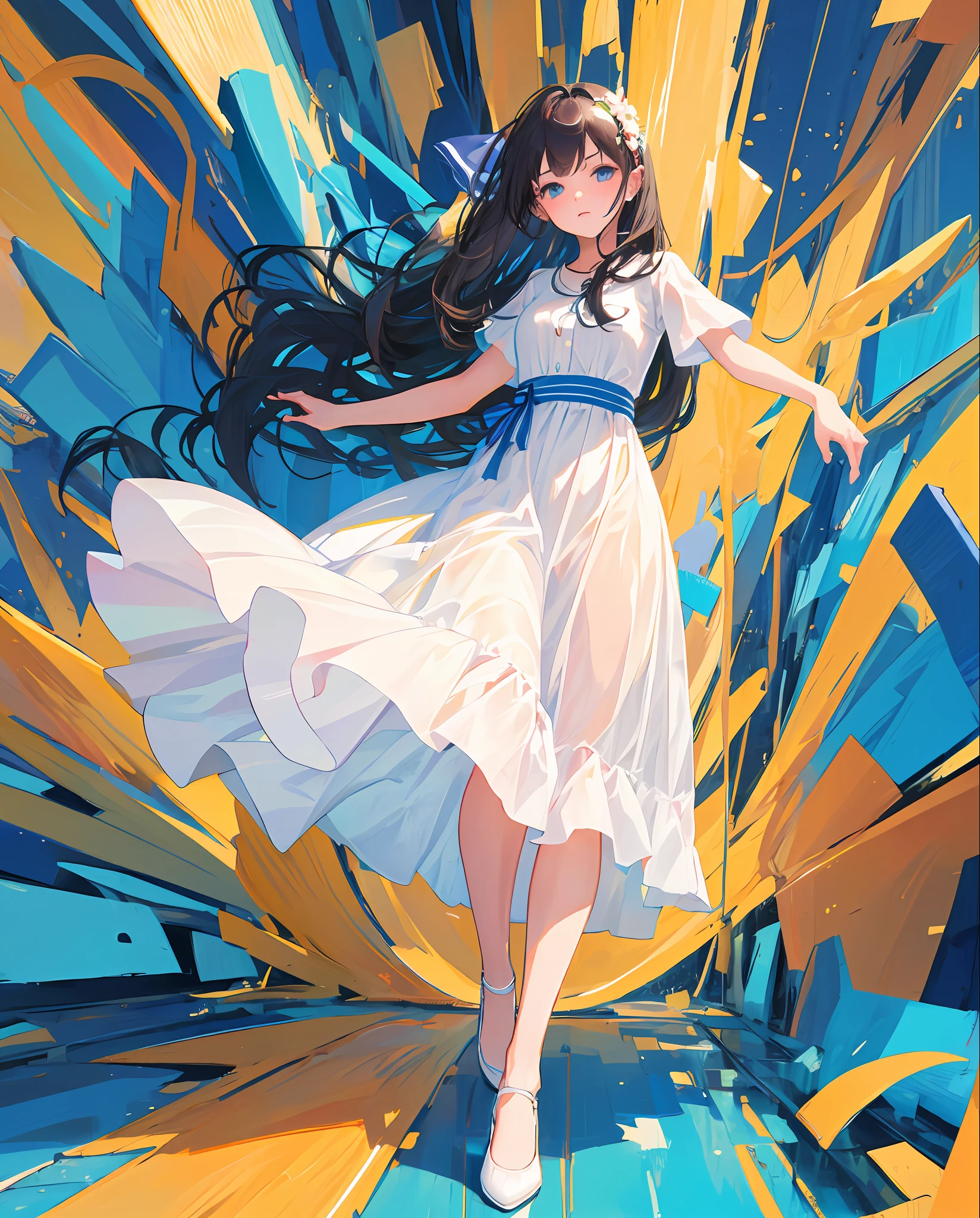 masterpiece, best quality, one girl, long hair, white long dress, blue ribbon,abstract background
