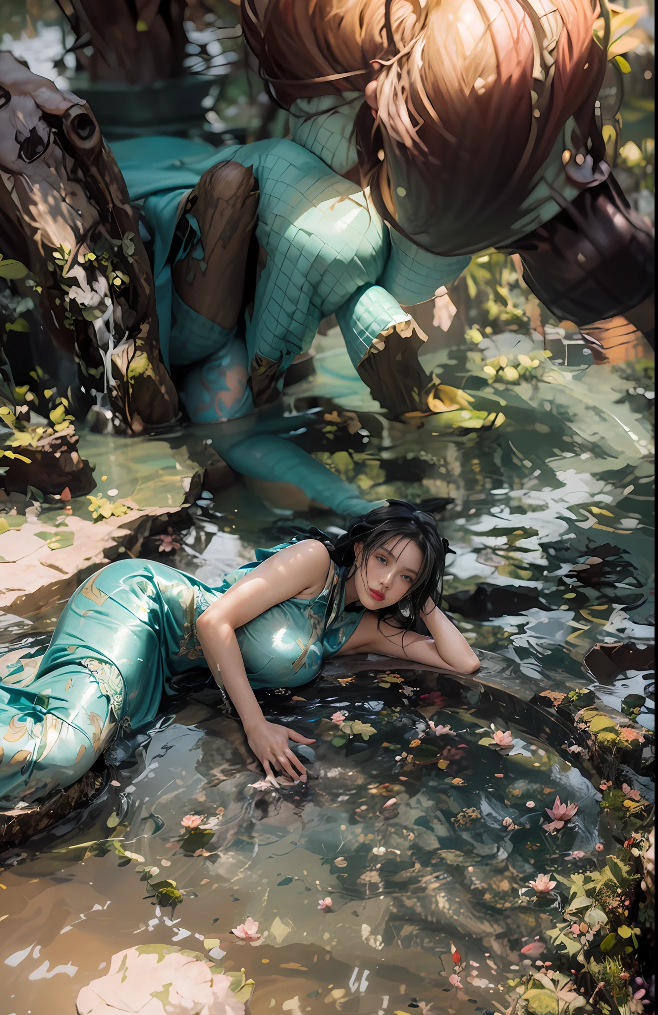 Sitting by a lake full of lotus flowers, feet playing in the water, the art depicts a charming woman with a melon face, dressed in a flowing, silky traditional oriental dress, long, aqua blue, decorated with intricate patterns and bright colors. Her dress drapes elegantly over her curvy figure, accentuating her seductive silhouette. She sits gracefully by the tranquil lotus lake, her feet playing in the water, bathed in the soft glow of the moonlight. The scene exudes an ethereal and dreamy atmosphere, with a touch of mystery and sexiness. The graphic style blends watercolor and digital illustration techniques to evoke a refined beauty and charm. The lights are filled with soft moonlight, casting soft highlights and shadows on her charming features. Bare thighs, big breasts, three-dimensional facial features, sitting, upturned legs, side braids