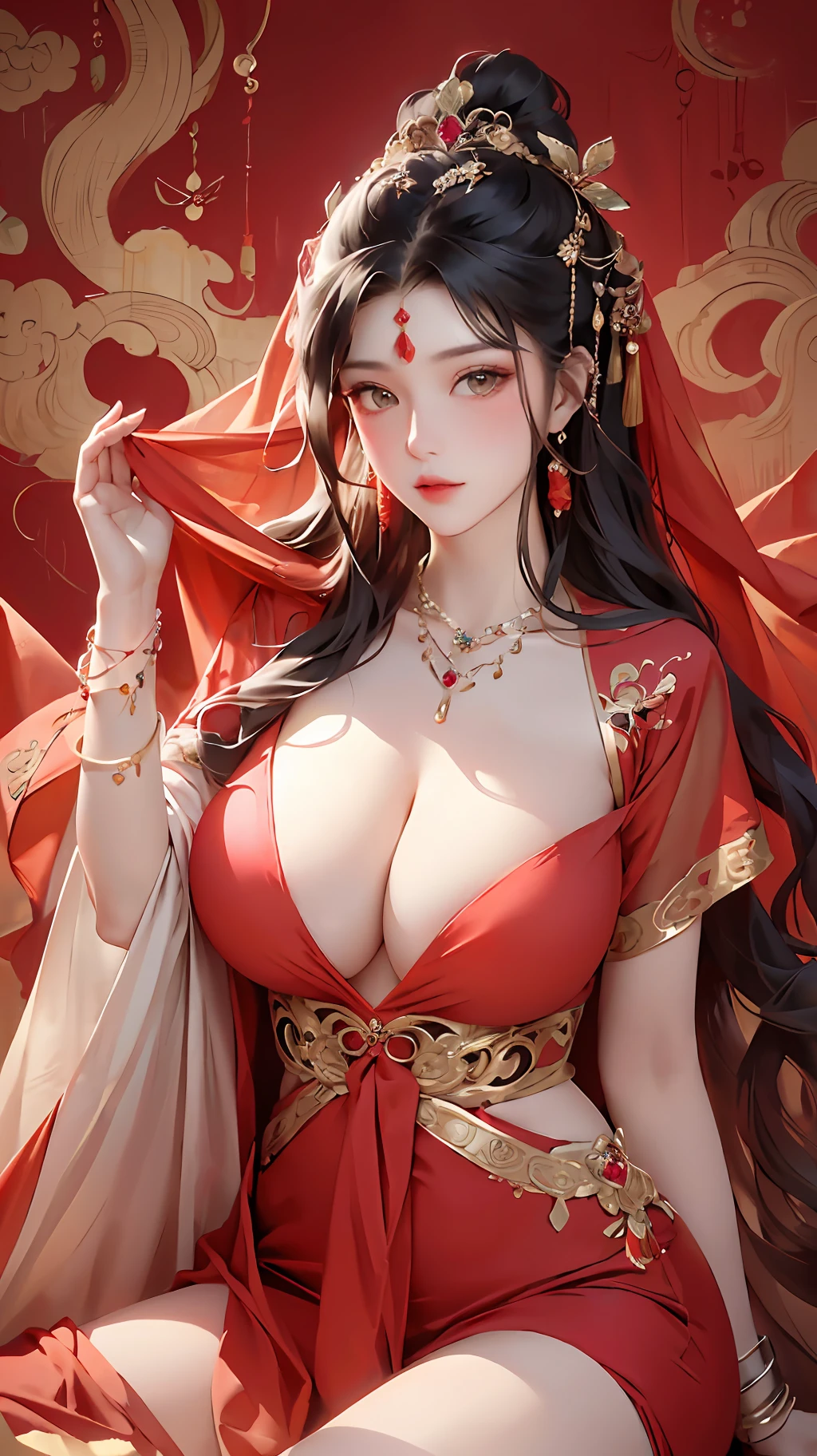 Masterpiece, Best Quality, 8K, Detailed Skin Texture, Realistic, Detailed Cloth Texture, Beautiful Detail Face, Intricate Detail, Solo, 1 Cute Maiden, Ultra Detailed, Detailed Hair, Long Black Hair, Qi Bangs, Blush, Light Smile, (eyes wide open: 1.3), (eye reflex: 1.6), shyness, (smooth, skin reflecting light), (slim, red theme, traditional Chinese long dress, red hood, belly pocket, ribbon entangled body, ruby headdress, lots of diamond jewelry, lots of ruby jewelry, (bracelets, anklets, waist chains, detailed clothes, detailed accessories), chest two points bulge, no bra, lying, posing, updraft), (huge breasts, thighs, (thin legs)), extremely gorgeous, detailed Dunhuang style, Detailed Dunhuang mural background, side shot