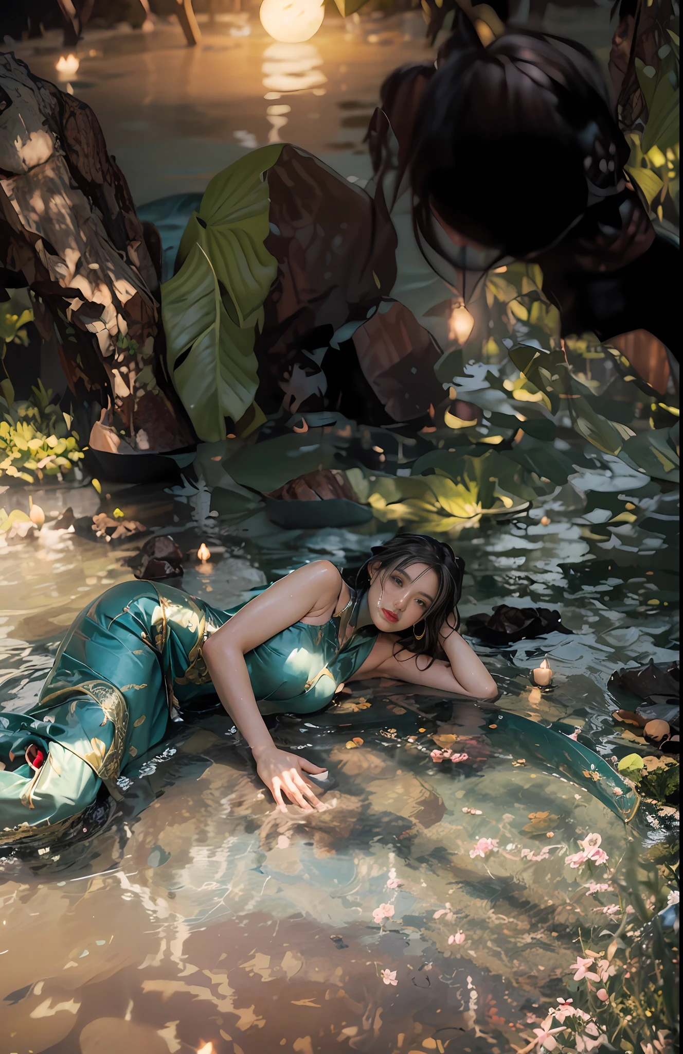 Sitting by a lake full of lotus flowers, feet playing in the water, the art depicts a charming woman with a melon face, dressed in a flowing, silky traditional oriental dress, long, aqua blue, decorated with intricate patterns and bright colors. Her dress drapes elegantly over her curvy figure, accentuating her seductive silhouette. She sits gracefully by the tranquil lotus lake, her feet playing in the water, bathed in the soft glow of the moonlight. The scene exudes an ethereal and dreamy atmosphere, with a touch of mystery and sexiness. The graphic style blends watercolor and digital illustration techniques to evoke a refined beauty and charm. The lights are filled with soft moonlight, casting soft highlights and shadows on her charming features. Bare thighs, big breasts, three-dimensional facial features, sitting, upturned legs, side braids