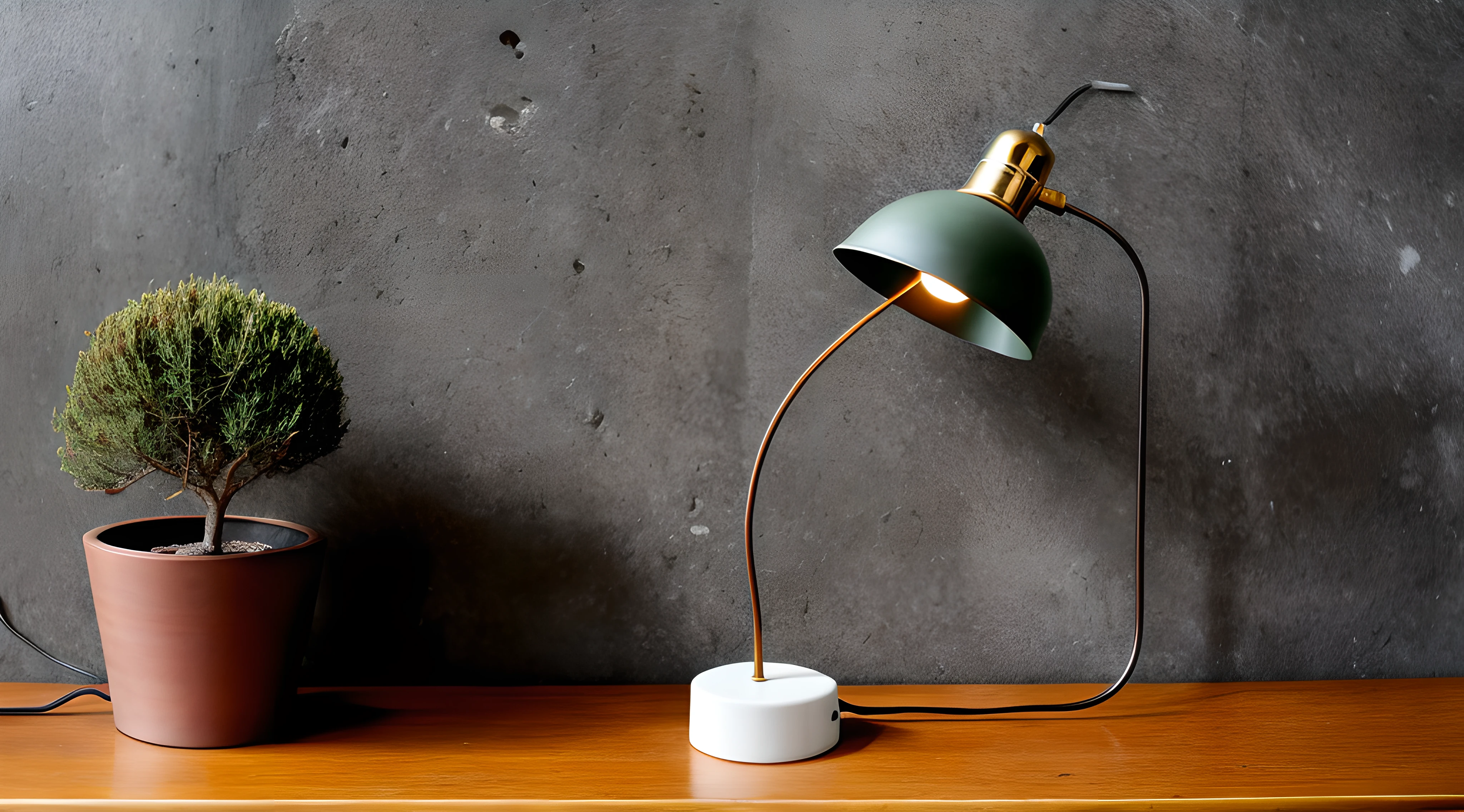 A lamp on top of a table, with a small tree inside, front view, wall in the background, this lamp is standing on the table, and inside it you can see a small tree growing, modern environment