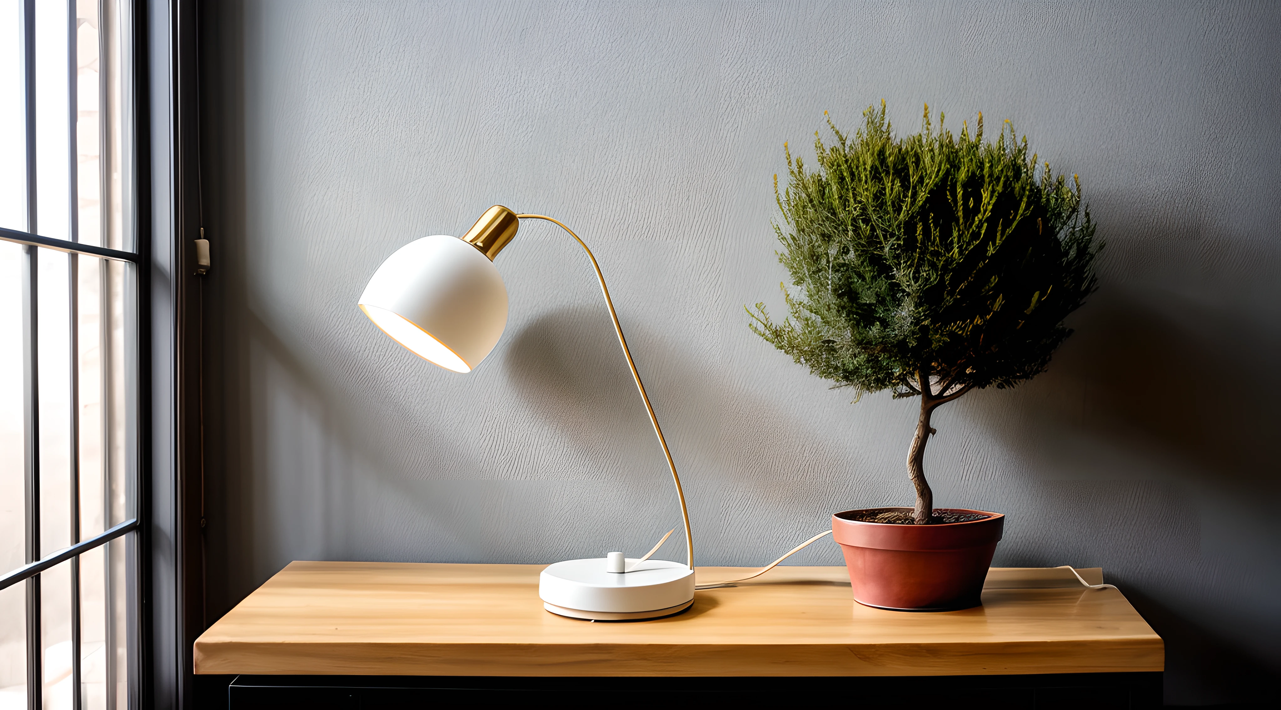 A lamp on top of a table, with a small tree inside, front view, wall in the background, this lamp is standing on the table, and inside it you can see a small tree growing, modern environment