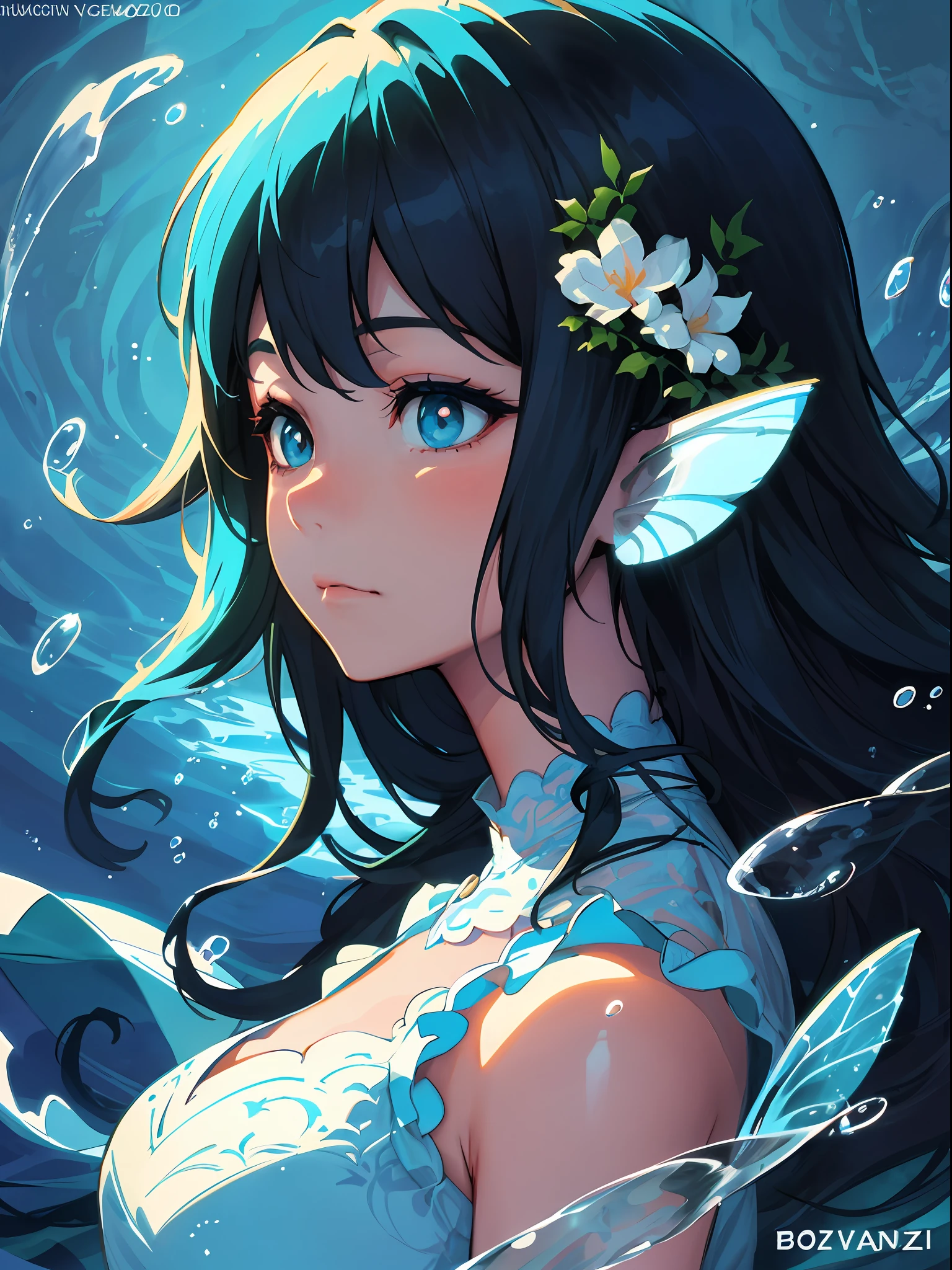 a close up of a woman in a white dress under water, wallpaper anime blue water, artwork in the style of guweiz, closeup fantasy with water magic, by Yang J, guweiz, a beautiful artwork illustration, water fairy, beautiful digital artwork, beautiful digital illustration, by Li Song, in the art style of bowater, beautiful anime portrait