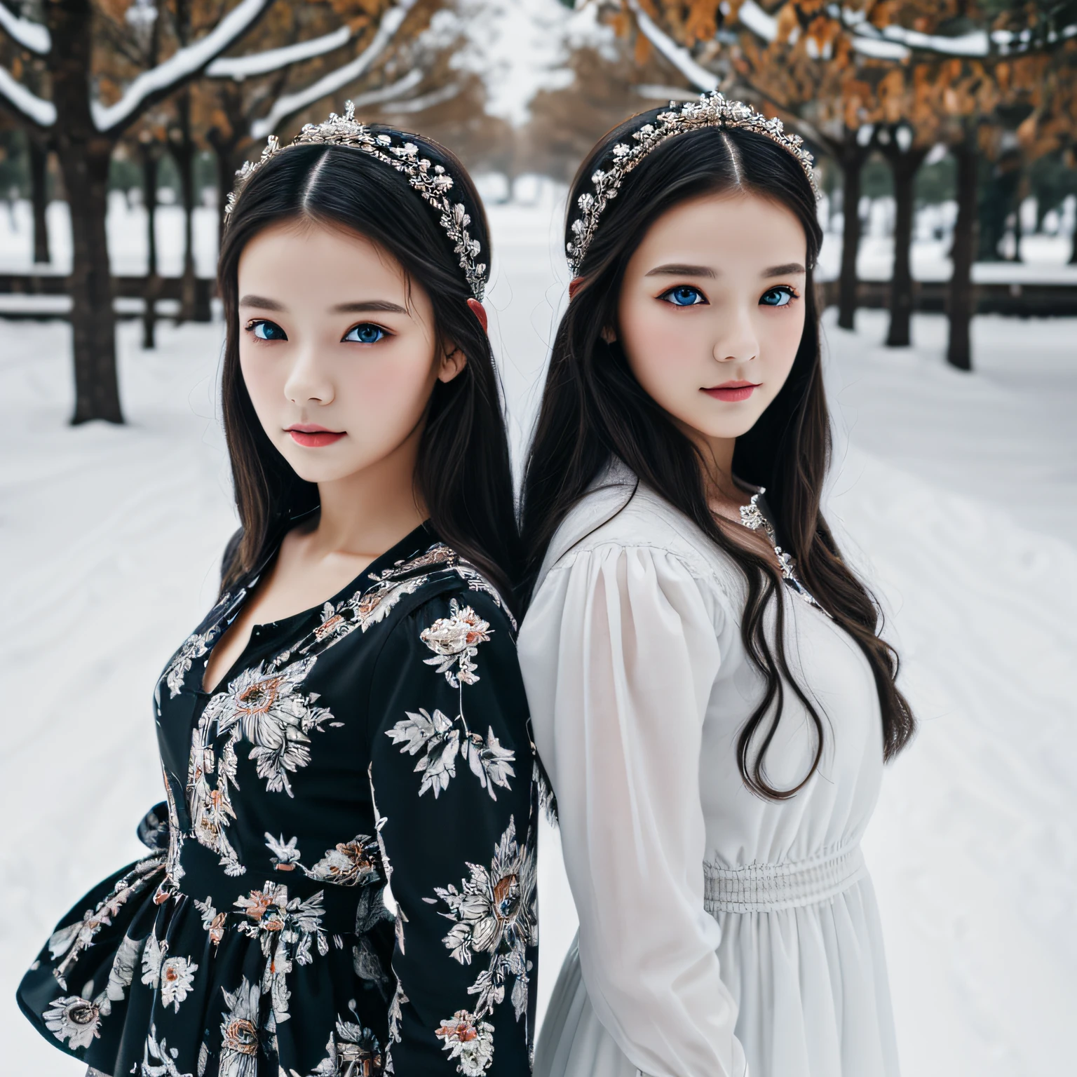 Masterpiece master, best quality, stunning beauty, 2 girls, twins, black and white, they are a model in a stylish dress, she is 22 years old, their eyes are orange, snow white skin --auto