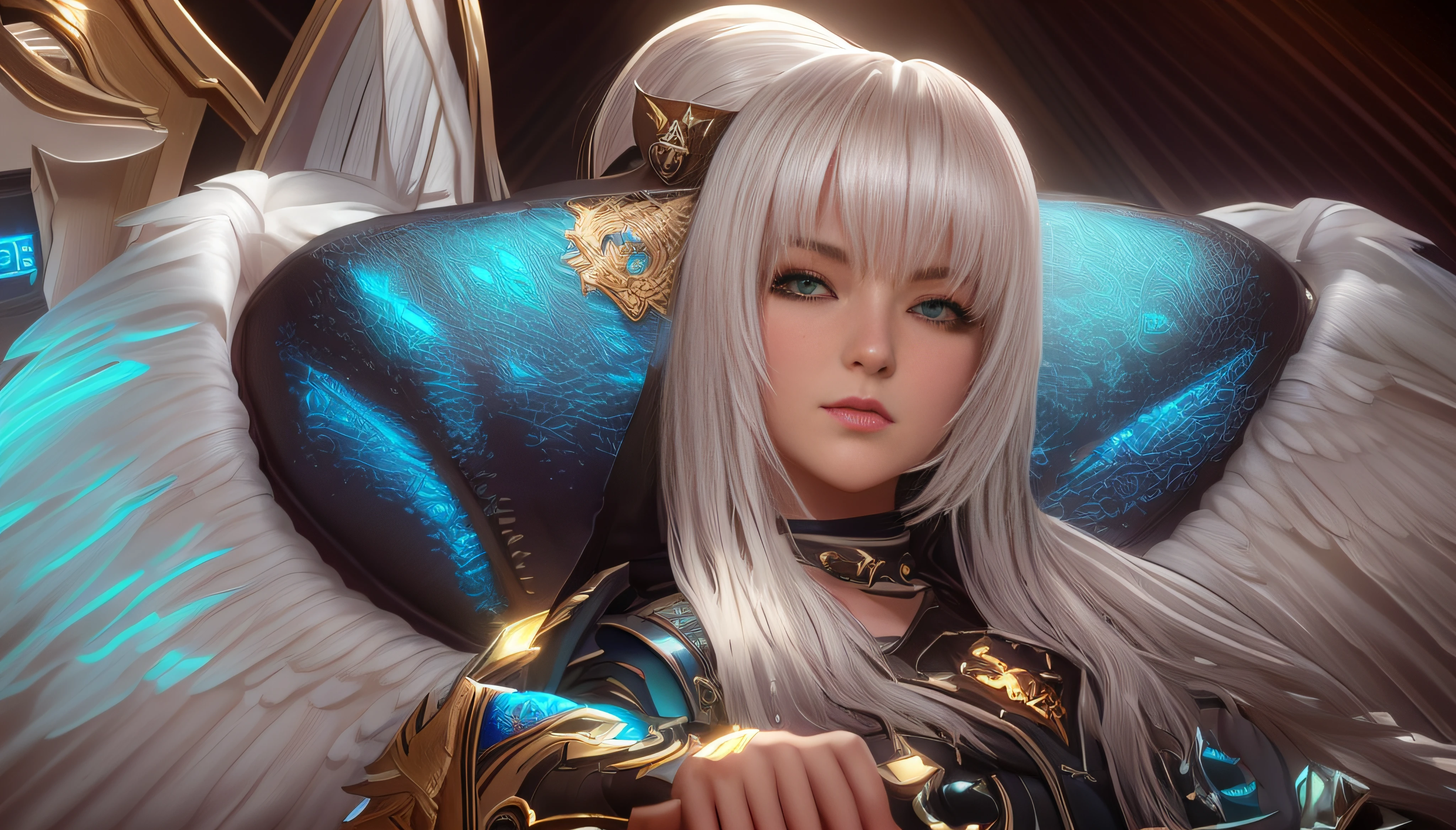 a close up of a person sitting in a chair with wings, lineage 2 revolution style, dead or alive 6, shadowbringers cinematic, unreal engine render saint seiya, game cg, from lineage 2, final fantasy 14 style, final fantasy character, anime cgi, as a character in tekken, portrait knights of zodiac girl, biblical female android