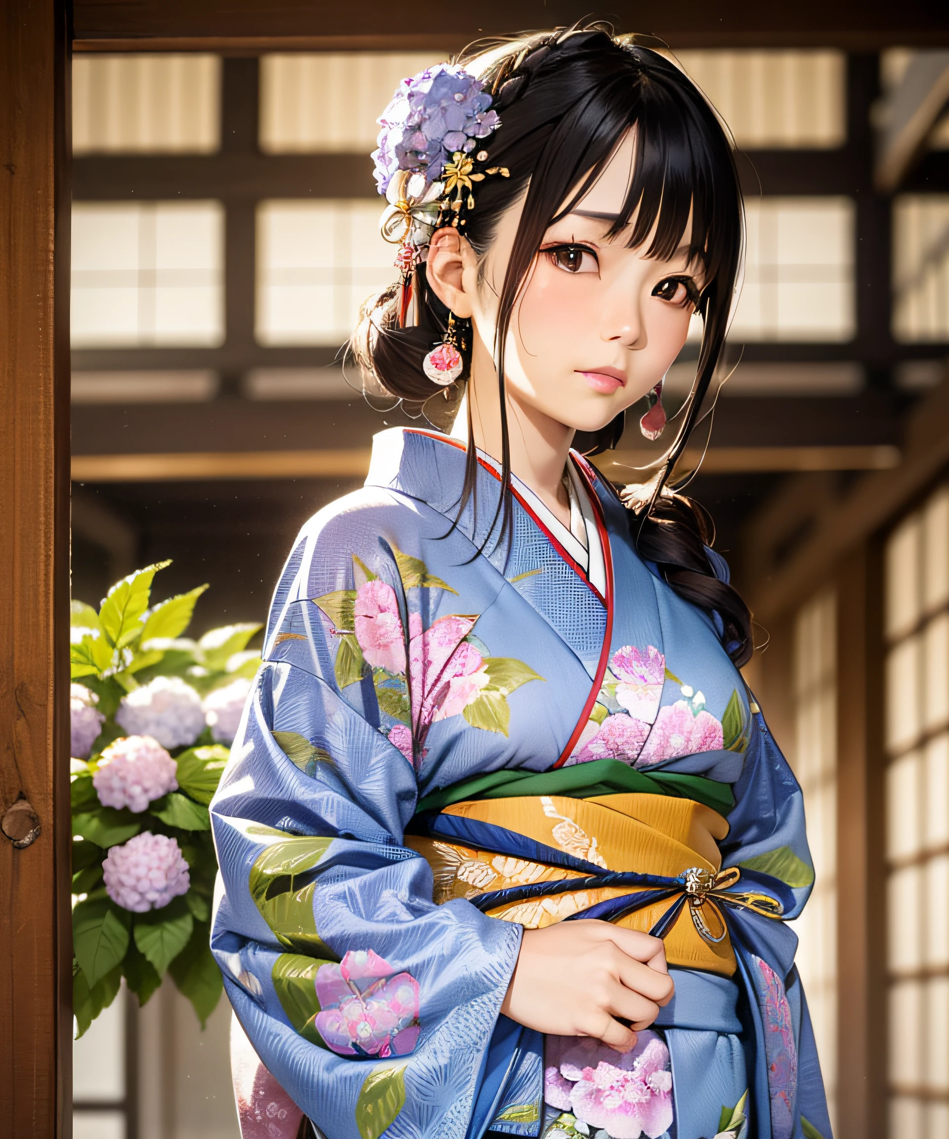 Masterpiece, realistic, Japan kimono woman with unaju, 18 years old, hydrangea patterned kimono, hydrangea shaped hair ornament