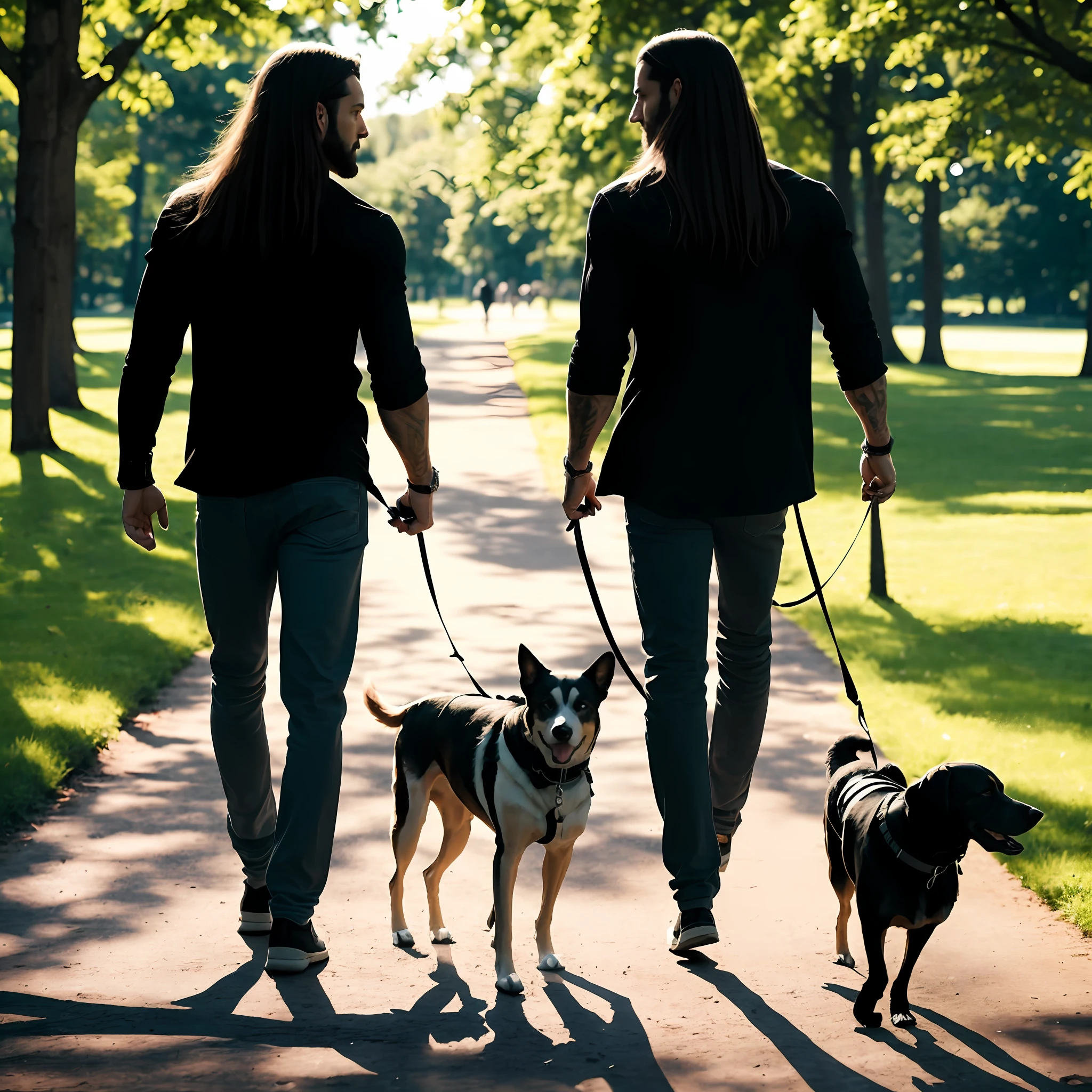 There is a strong long-haired man in black clothing, walking a dog in the park --auto