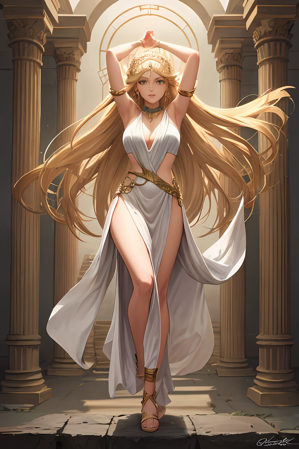 masterpiece, beat quality, a mature female, goddess, flirtatious, white greek peplos, golden hair, very long hair, shining green eyes, bare shoulder, flowing clothes, full body, thighs, arms up, lips, light smile, [expressionless], 8k, high resolutions