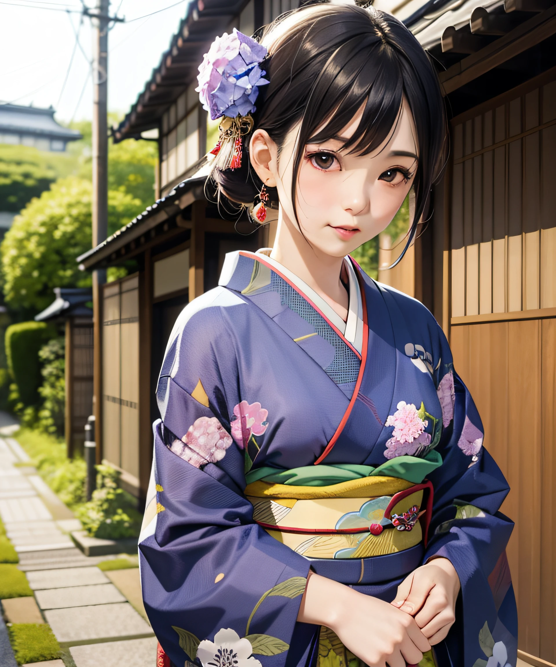 Masterpiece, realistic, Japan kimono woman with unaju, 18 years old, hydrangea patterned kimono, hydrangea shaped hair ornament, photorealistic, one black child around the eyes