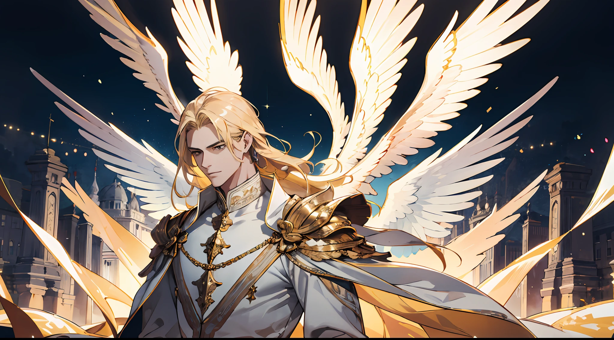 (Absurd, high resolution), (panorama), (1 male), middle-aged, long blonde hair, blue and white dress, golden decoration, (tall), serious, 3 pairs of huge wings, broad arms, angel, monotonous background, powerful, majestic, intense luster, white-gold dress, exquisite clothes, golden streamer, golden magic around the whole body, ((flying in the air)), panorama, coercion