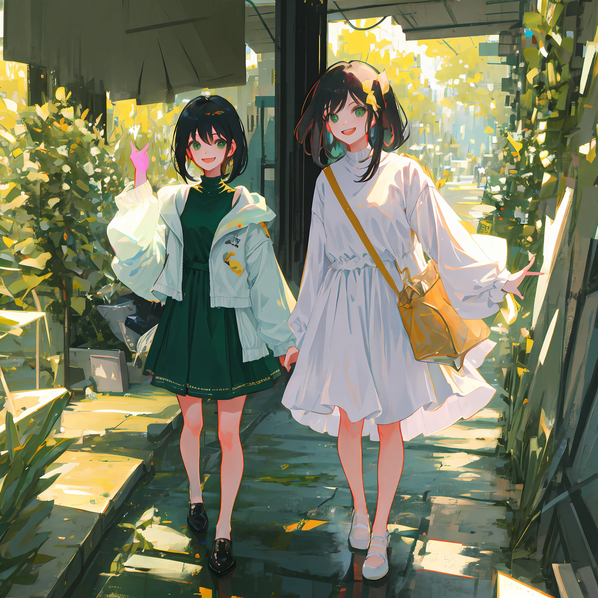 Sisters, double, two-dimensional black hair, one long hair and one short hair, white and green outfits Smile, Willow, Park