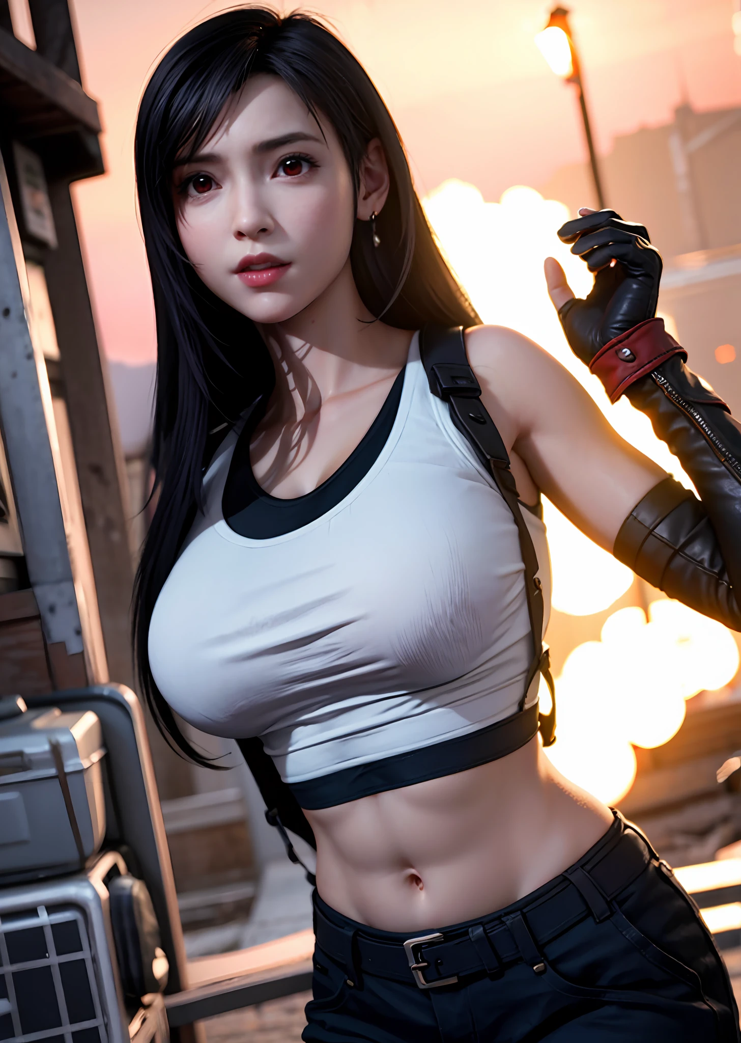 (Photorealistic: 1.4), top quality, very delicate and beautiful, high resolution, 1girl, tifa_lockhart, smile, cowboy shot, suspenders, low rise, mini skirt, tank top, tense shirt, black hair, long hair, elbow gloves, beautiful detailed red eyes, face light, movie lighting, navel, high exposure, abdomen exposure, ribs, abs, ( gigantic breasts: 1.2), dynamic poses, dynamic angles,