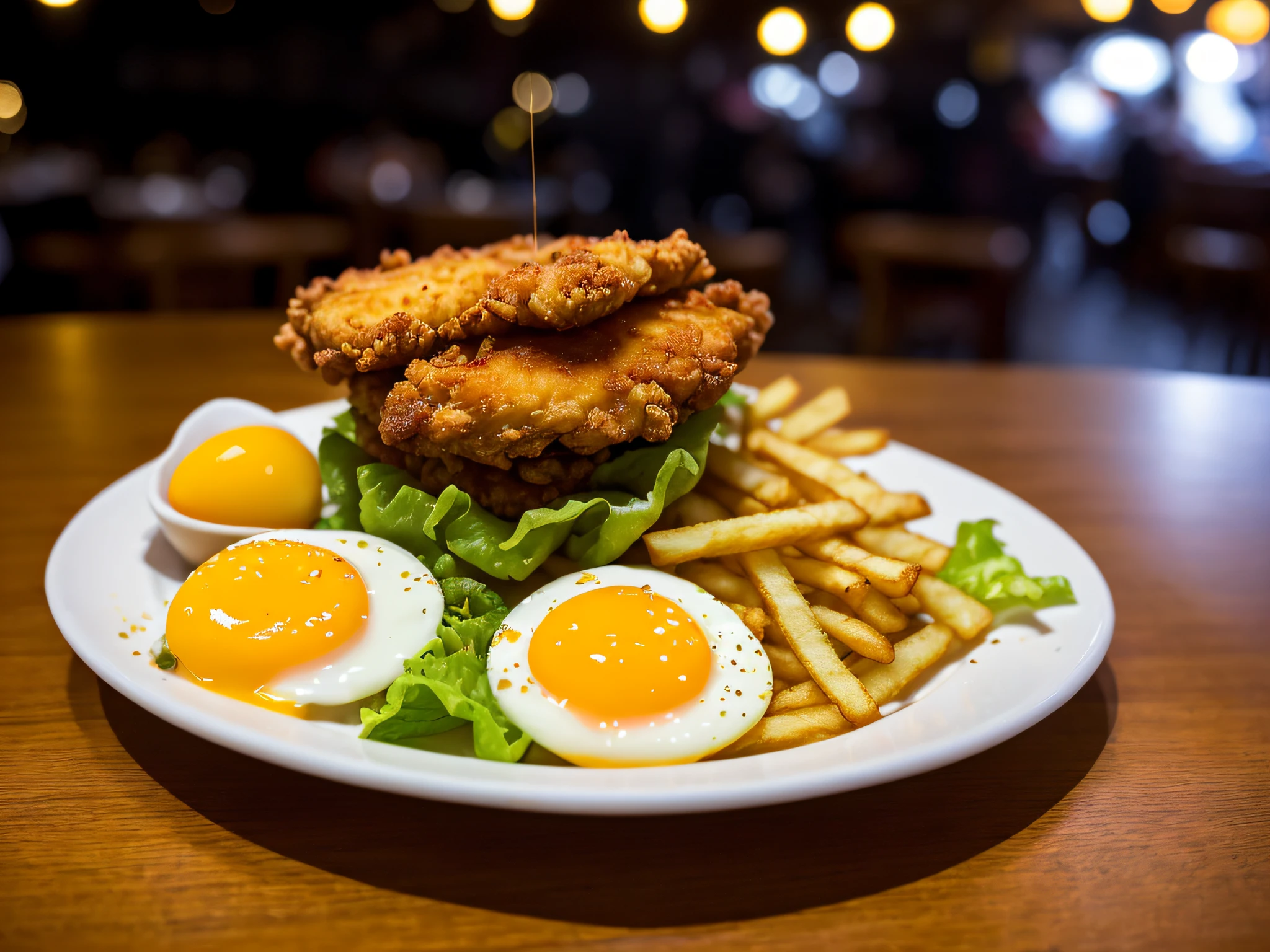 analog style, photorealistic, the most delicious french fries with fried chicken, flowing egg yolk, lettuce, on a table in a cafe, dimly lit, light particles, haze, halation, bloom, dramatic atmosphere, centred, rule of thirds, 200mm 1.4f macro shot,