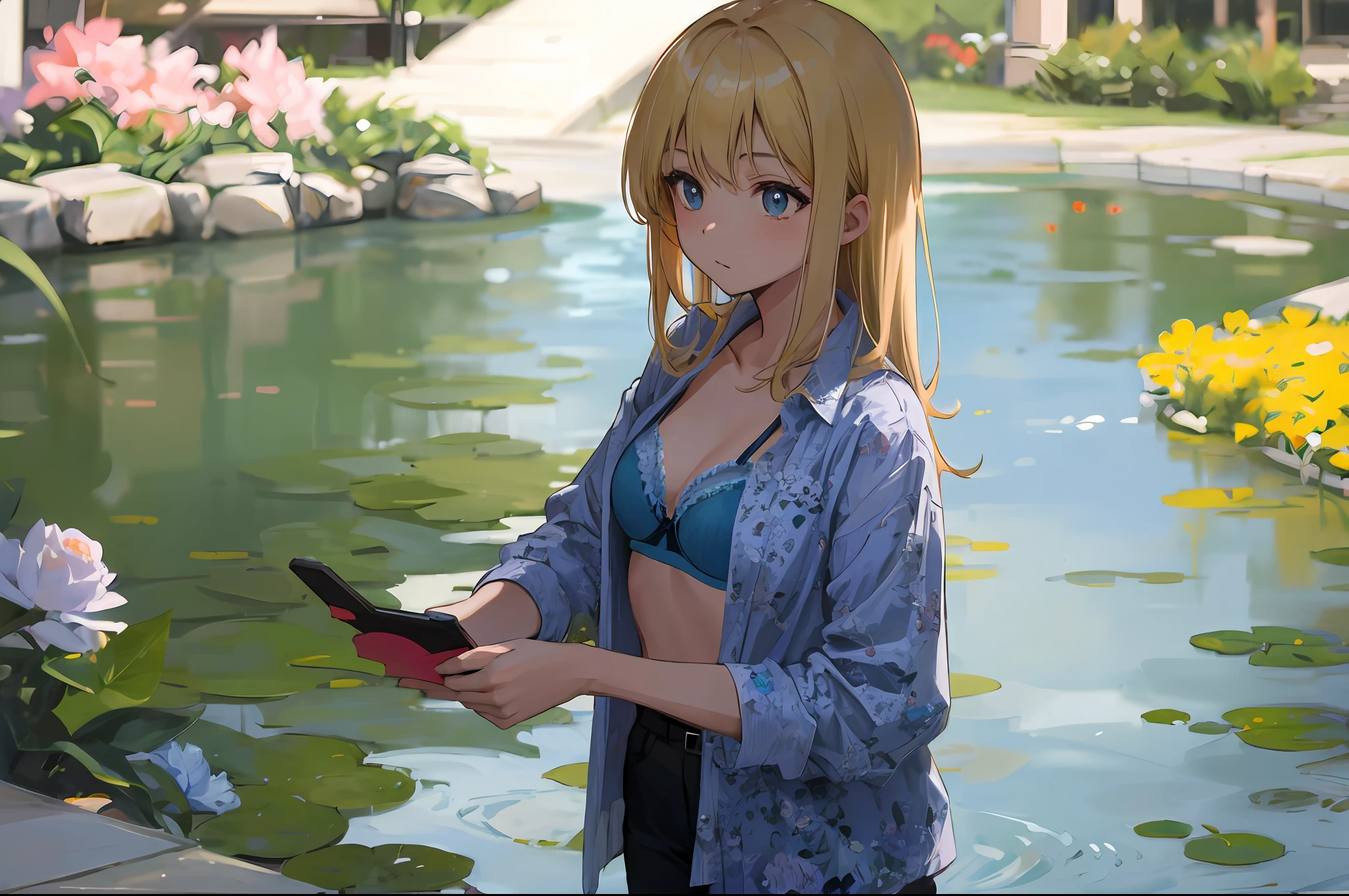 mwsterpeace, best quality, 1girl, loli, blue bra, floral shirt, blonde, holding smartphone, by a pond,