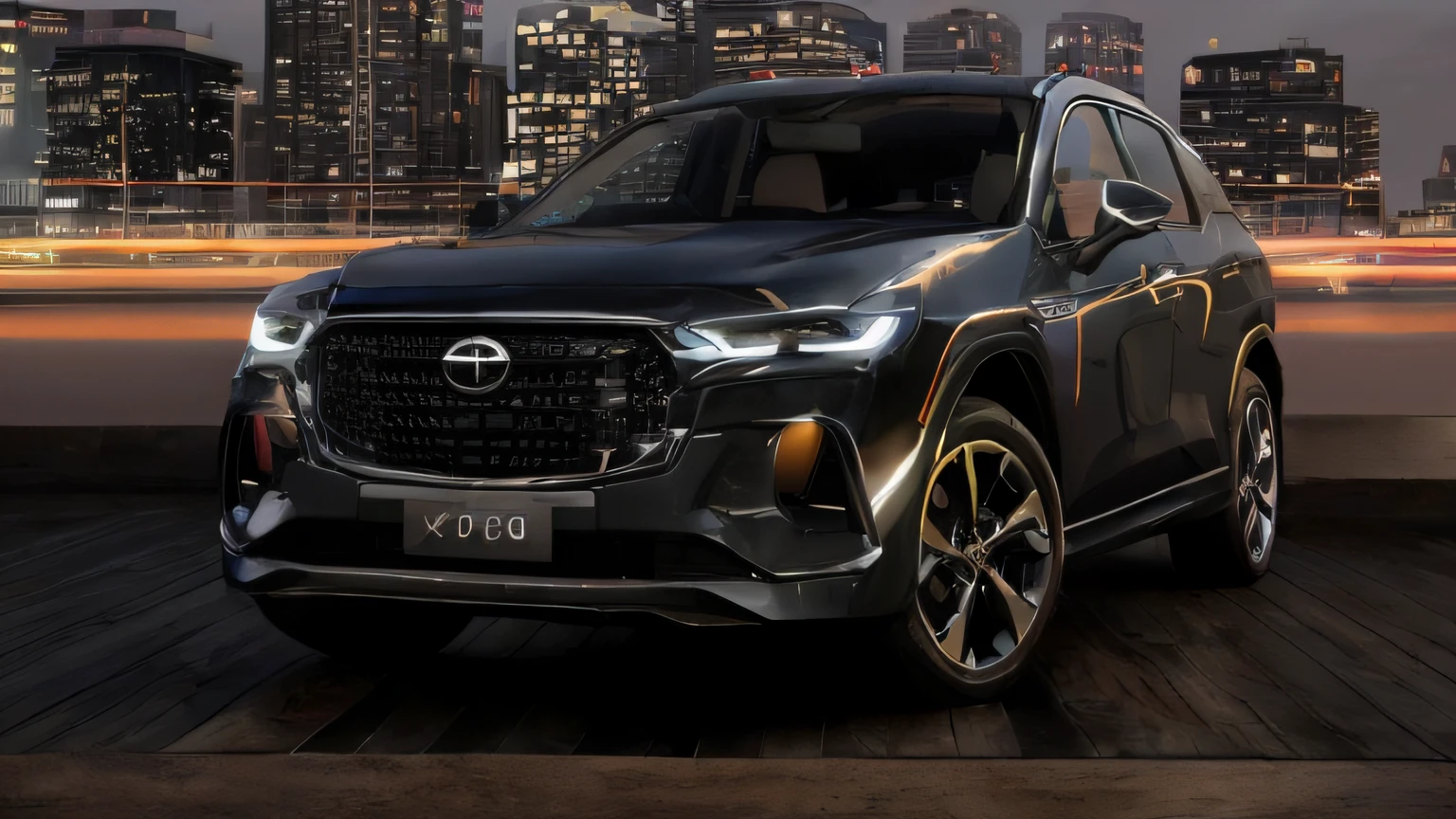 a close up of a car parked on a wooden platform near a city, cinematic front shot, edited, cover shot, photo render, 🤬 🤮 💕 🎀, front profile shot, a wide full shot, composite, teaser, trailer, 🕹️ 😎 🔫 🤖 🚬, trending photo, render, [ cinematic, video, portrait shot, cinematic full shot