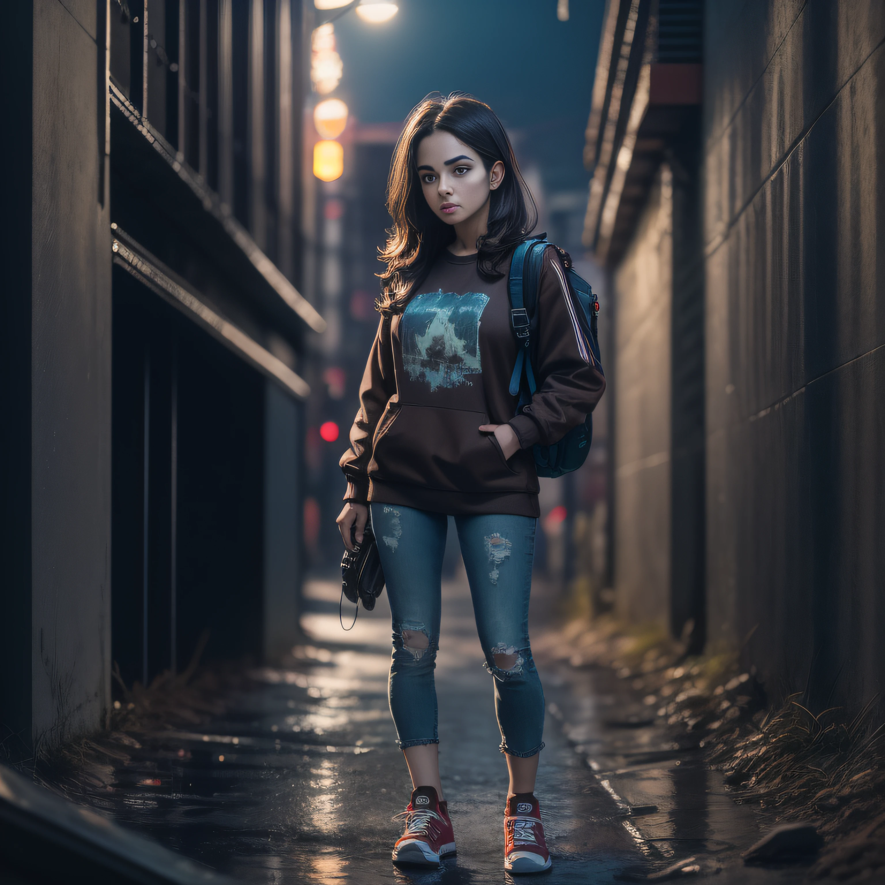 A masterpiece, Woman, 26 years old, dark brown hair, brown sweatshirt, brown backpack, brown eyes, perfect face, sad face, blue jeans, red sneakers, mud stands, dirt stains, in a ruined, detailed and intrinsic modern city, 8k, the dawn, with pistol