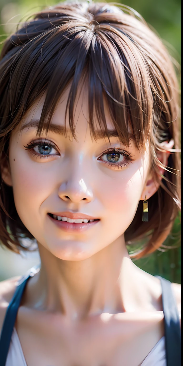 (masterpiece), realistic, (girl portrait), beautiful face, cute young girl with smile, 20s, 8K post-production, high resolution, super detail, trend in ArtStation, sharp focus, studio photography, intricate detail, very detailed, pure form, 8k resolution, cute, smile, solo, , one-piece, (nose redness), (smile: 1.15), ( mouth closed), beautiful eyes, short hair, bikini,upper body,