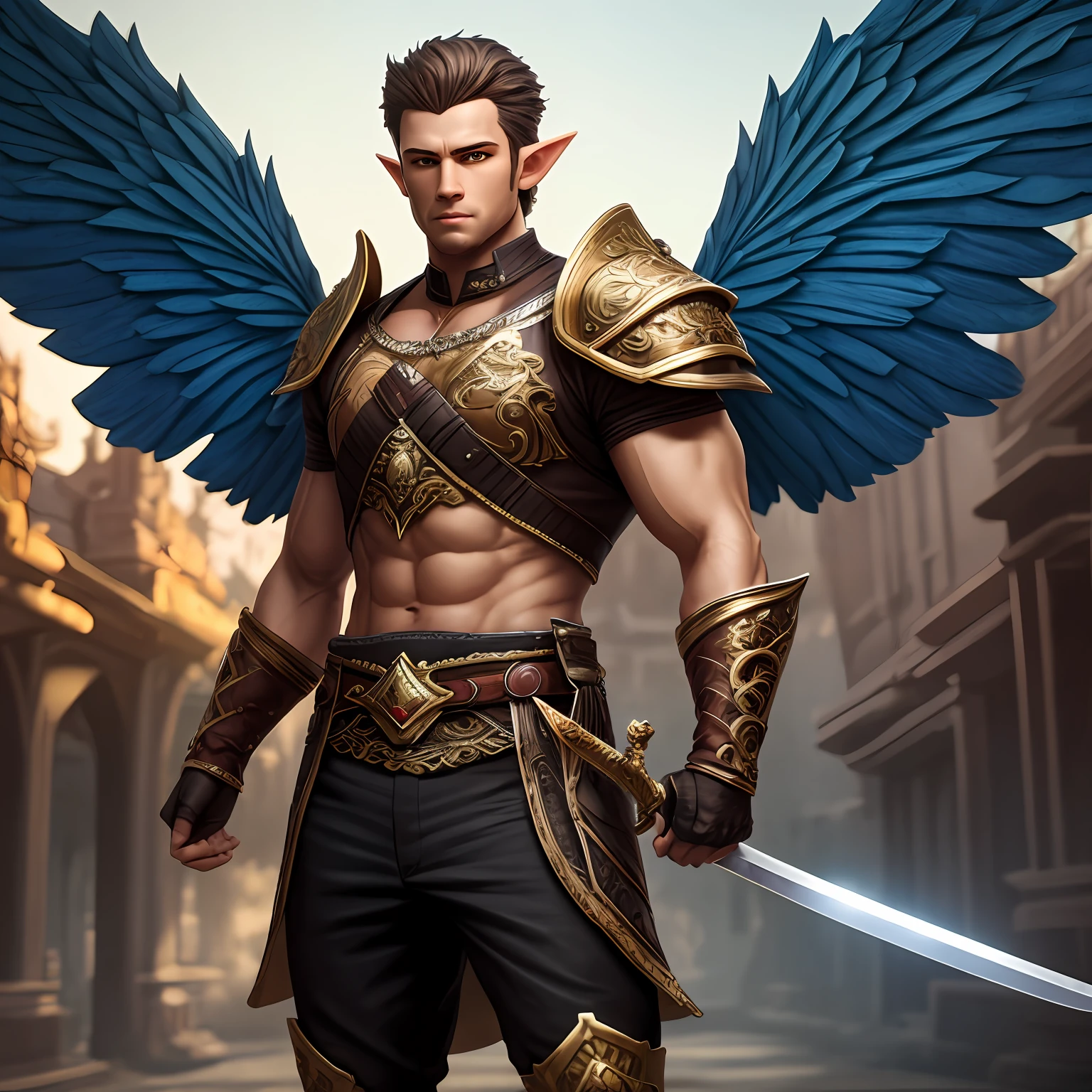 [Buff Toned Male Elf Hero Champion holding sword, proper proportions, male fairy man, chest out, with blue and gold details, large wings, enchanted kingdom in the background, bokeh, vibrant colors, order of priority, desirable assets, RTX textures, beautiful work, superb craftsmanship, masterfully aligned, extremely intricate, detailed features, defined edges, intense focus, HDRI SDR, pic vid, hyper realistic,  high quality, full resolution, epic composition, cinematic lighting, full shot]:0.5 --auto