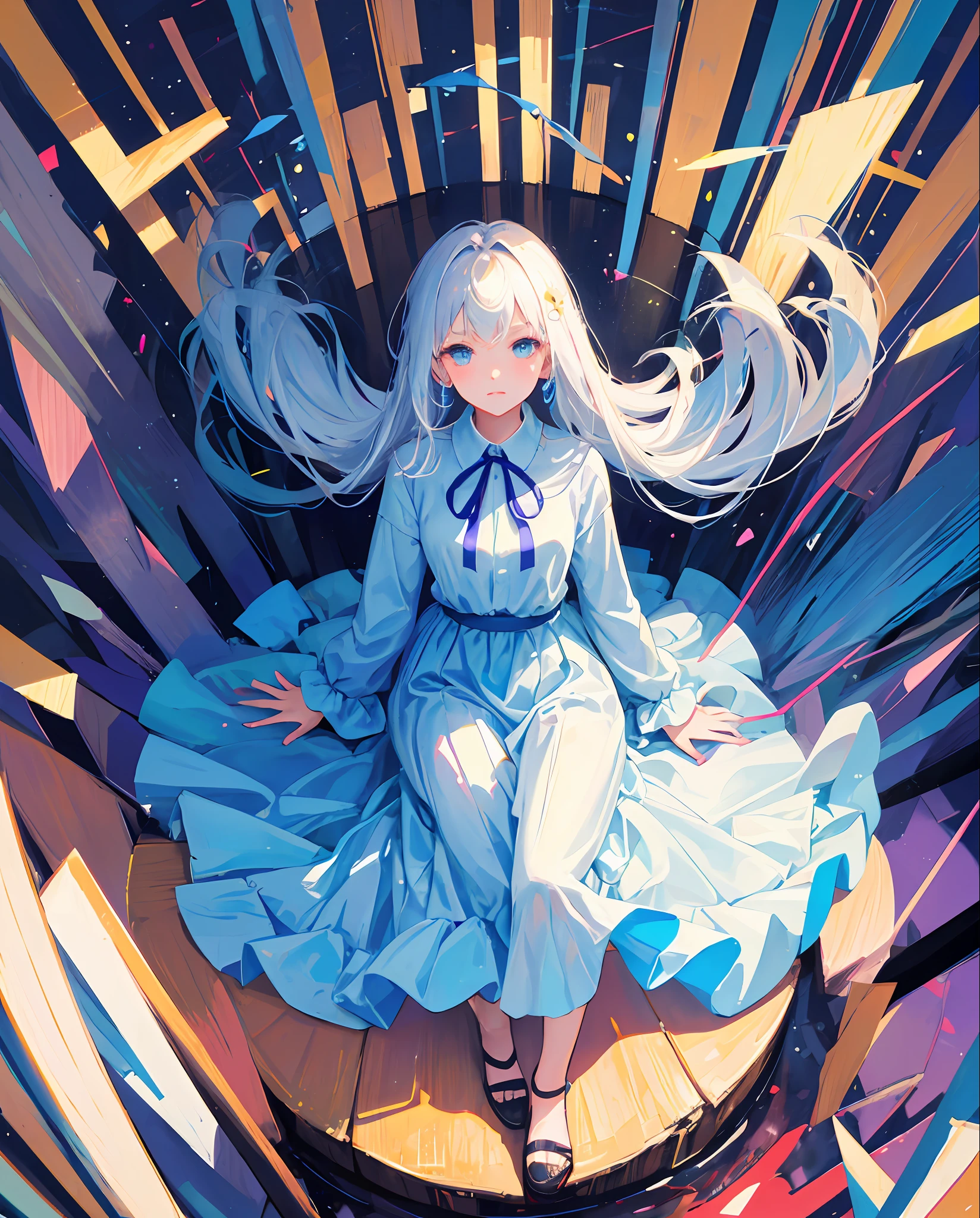 masterpiece, best quality, one girl, long hair, light blue long dress, blue ribbon,abstract background,magic circle
