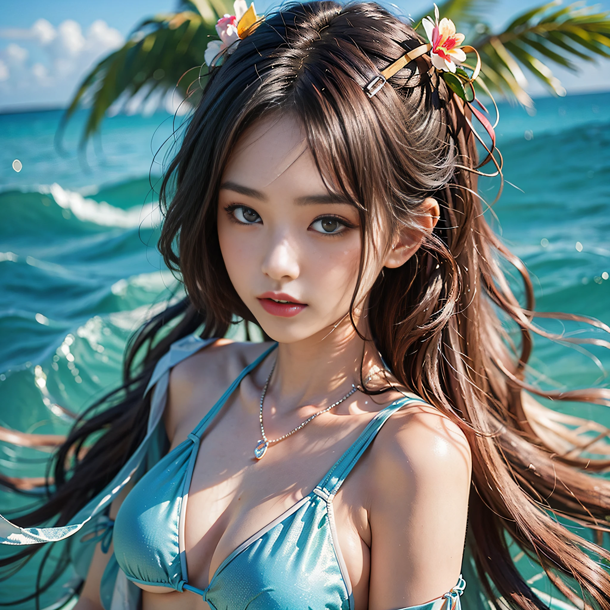 1girl, masterpiece, 16K, tropical beach, alafed asian woman in bikini, swimwear, Japan model,pale colored bikini, perfect anatomy, beautiful face, crystal clear sea, double eyelids,