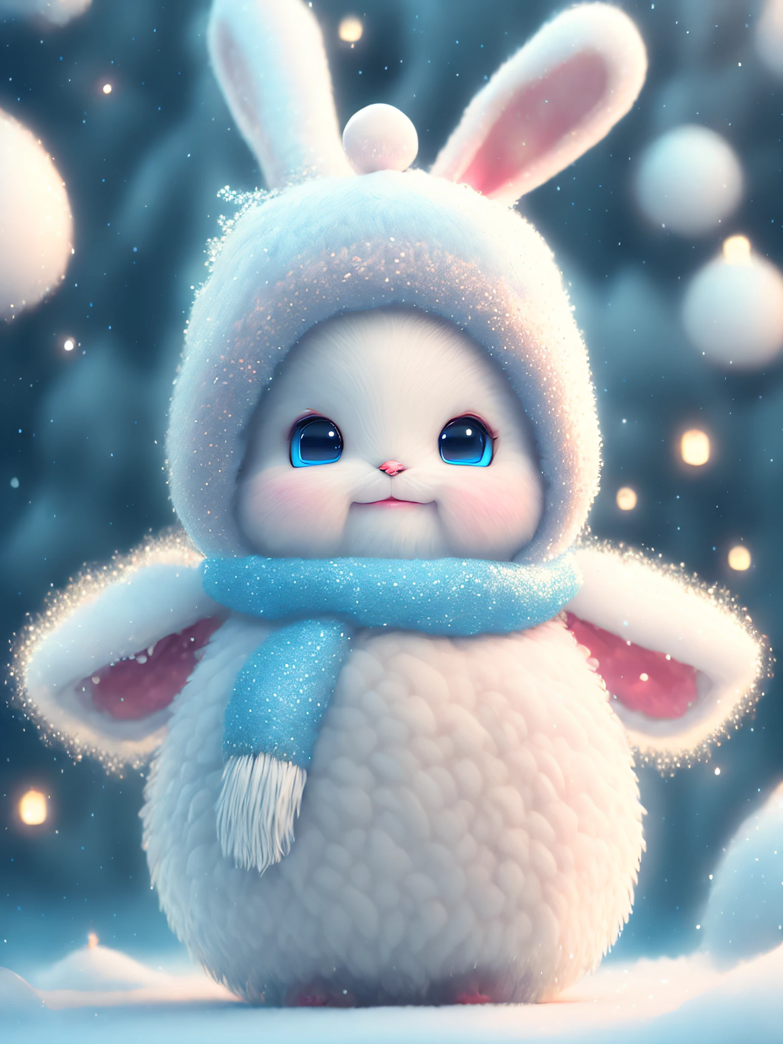 a winter full of regret, drifting snow, a super cute  pixar style white fairy rabbit, shiny snowwhite fluffy, big bright eyes, fluffy tail, wearing a cyan sweater, wearing cyan a hat, smile,delicate and fine, fairy tales, incredibly high detailed, pixar style, bright color , natural light, simple background with pure color,5 and octane render, trending on artstation, gorgeous,ultra wide angle, 8k,hd realistic, 8k hd,mobile pictures, v 4 q 2 2