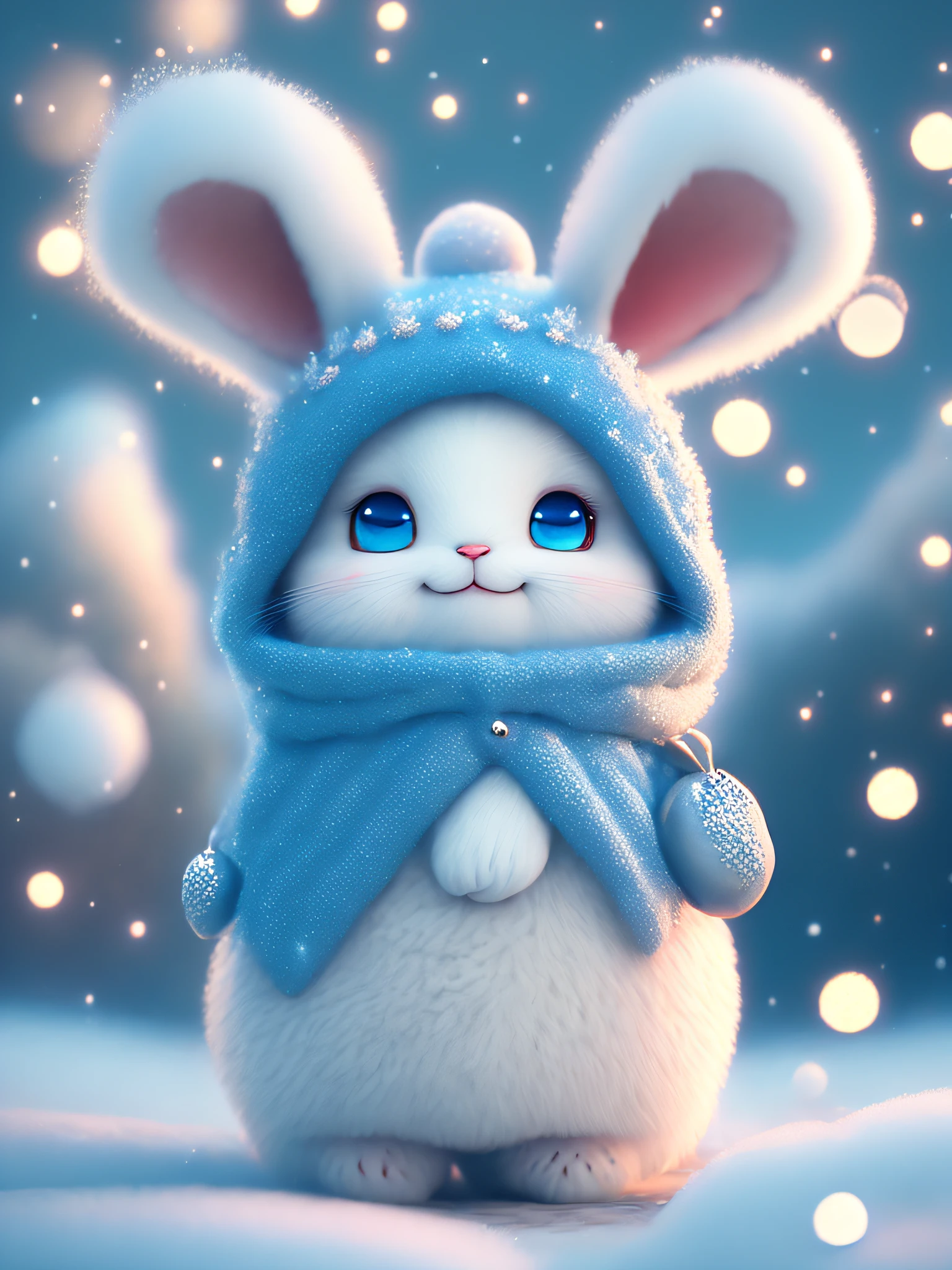 A winter full of regrets, drifting snow, super cute Pixar style blue white rabbit, sparkling snow white fluffy, bright big eyes, furry tail, wearing a cyan sweater, wearing a cyan hat, smiling, sophisticated, fairytale, incredibly high detail, Pixar style, bright colors, natural light, simple background in solid colors, 5 and octane rendering, artstation trend, gorgeous, ultra wide angle, 8k, HD realistic, 8k HD, mobile pictures, v 4 q 2 2
