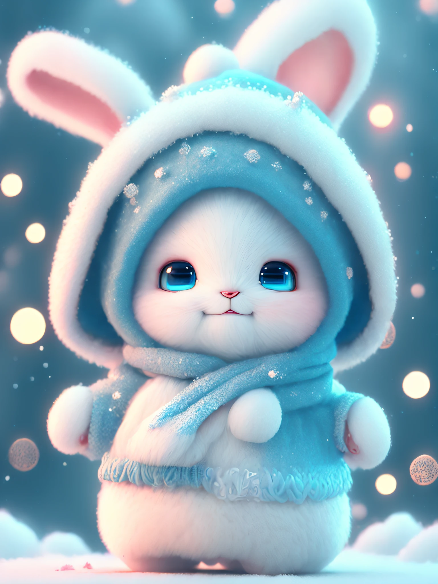 a winter full of regret, drifting snow, a super cute baby pixar style white fairy rabbit, shiny snowwhite fluffy, big bright eyes, fluffy tail, wearing a cyan sweater, wearing cyan a hat, smile,delicate and fine, fairy tales, incredibly high detailed, pixar style, bright color , natural light, simple background with pure color,5 and octane render, trending on artstation, gorgeous,ultra wide angle, 8k,hd realistic, 8k hd,mobile pictures, v 4 q 2 2