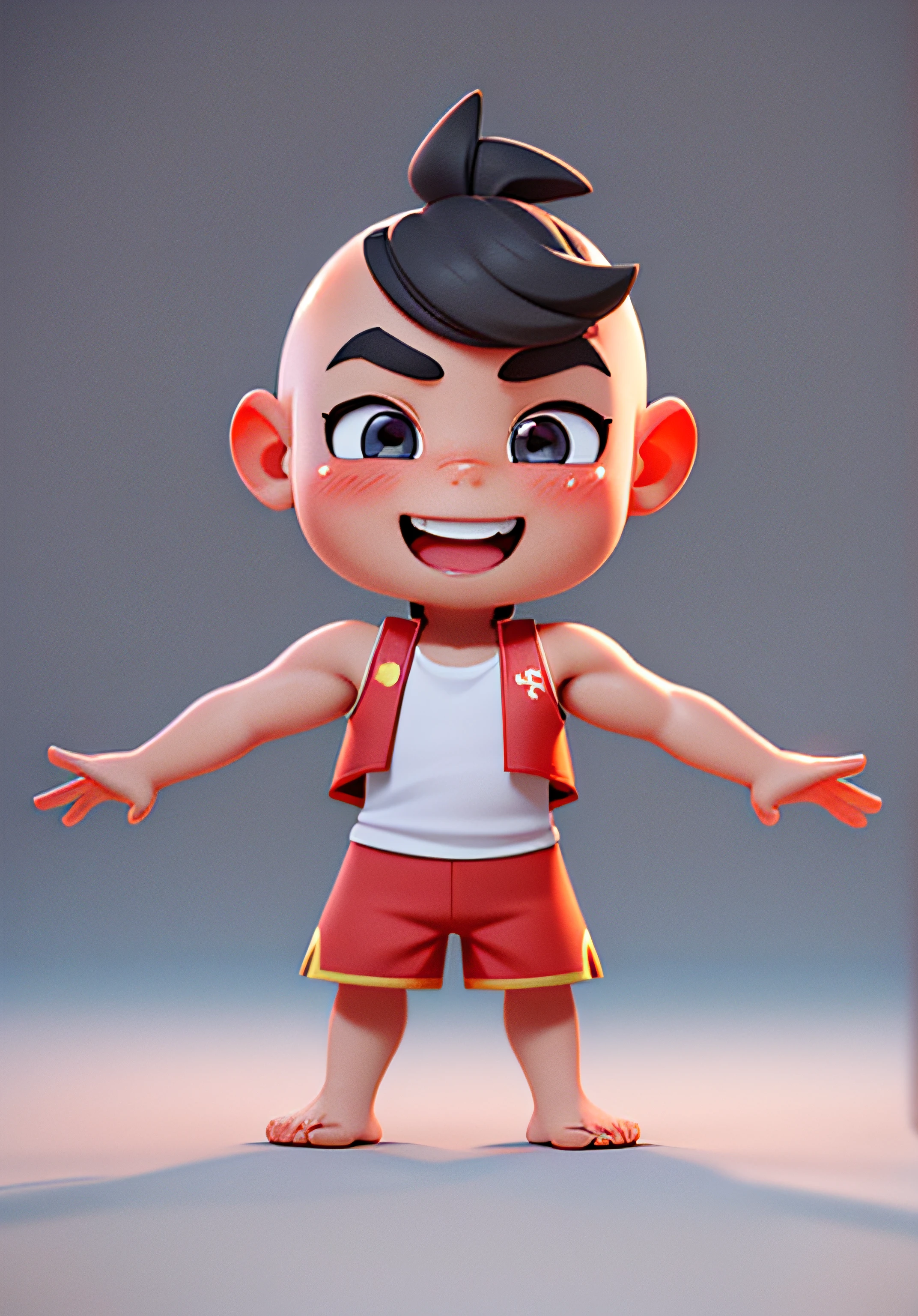 (Masterpiece: 1.3), (Best Quality: 1.3), (Masterpiece: 1.3), (Best Quality: 1.3), (8K: 1.5), (Ultra High Resolution), Full Body, (Bicephal: 2), (Natural Skin Texture), (Beautiful and Beautiful), (Very Detailed CG, Intricate Details), White Background, (White Background: 1.5), .pixar, 3D, C4D, blender, 1 Boy, Cute, Happy Face, Bald Head, Solo, (Chinese Style: 1.5), sleeveless, red shorts, red single vest, barefoot, thin eyebrows