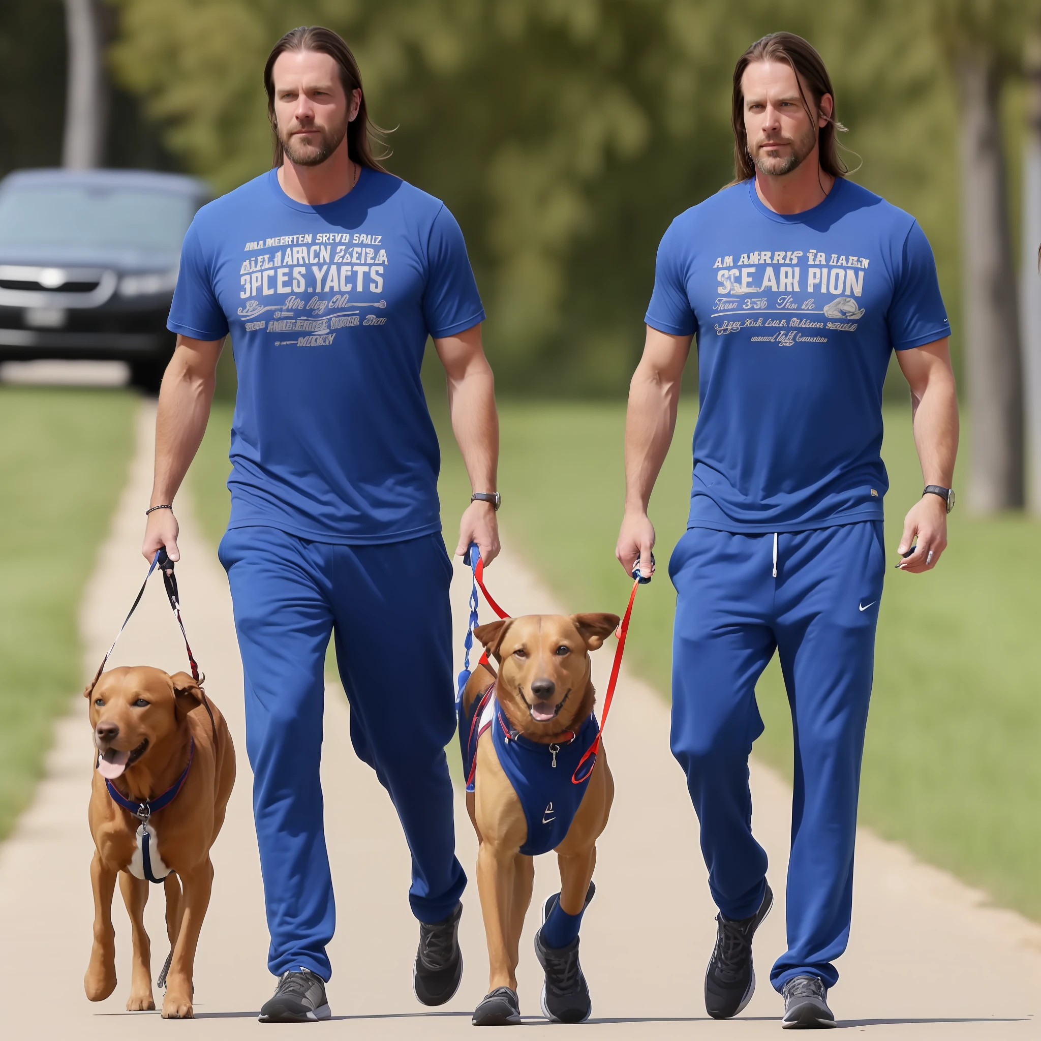 American man 35 years, has long hair is strong has blue eyes, wears sweatpants and a T-shirt, is walking his dog --auto