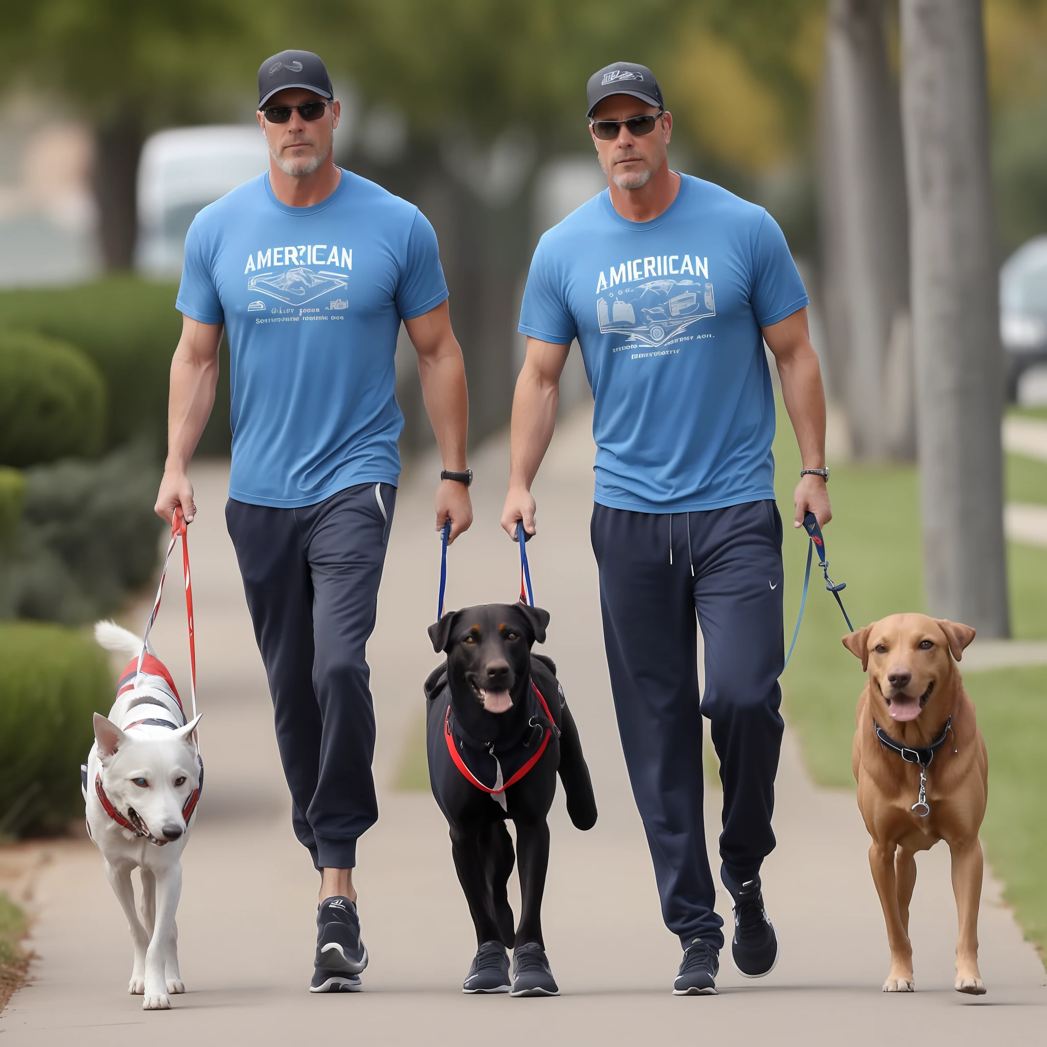 American man 35 years, has long hair is strong has blue eyes, wears sweatpants and a T-shirt, is walking his dog --auto