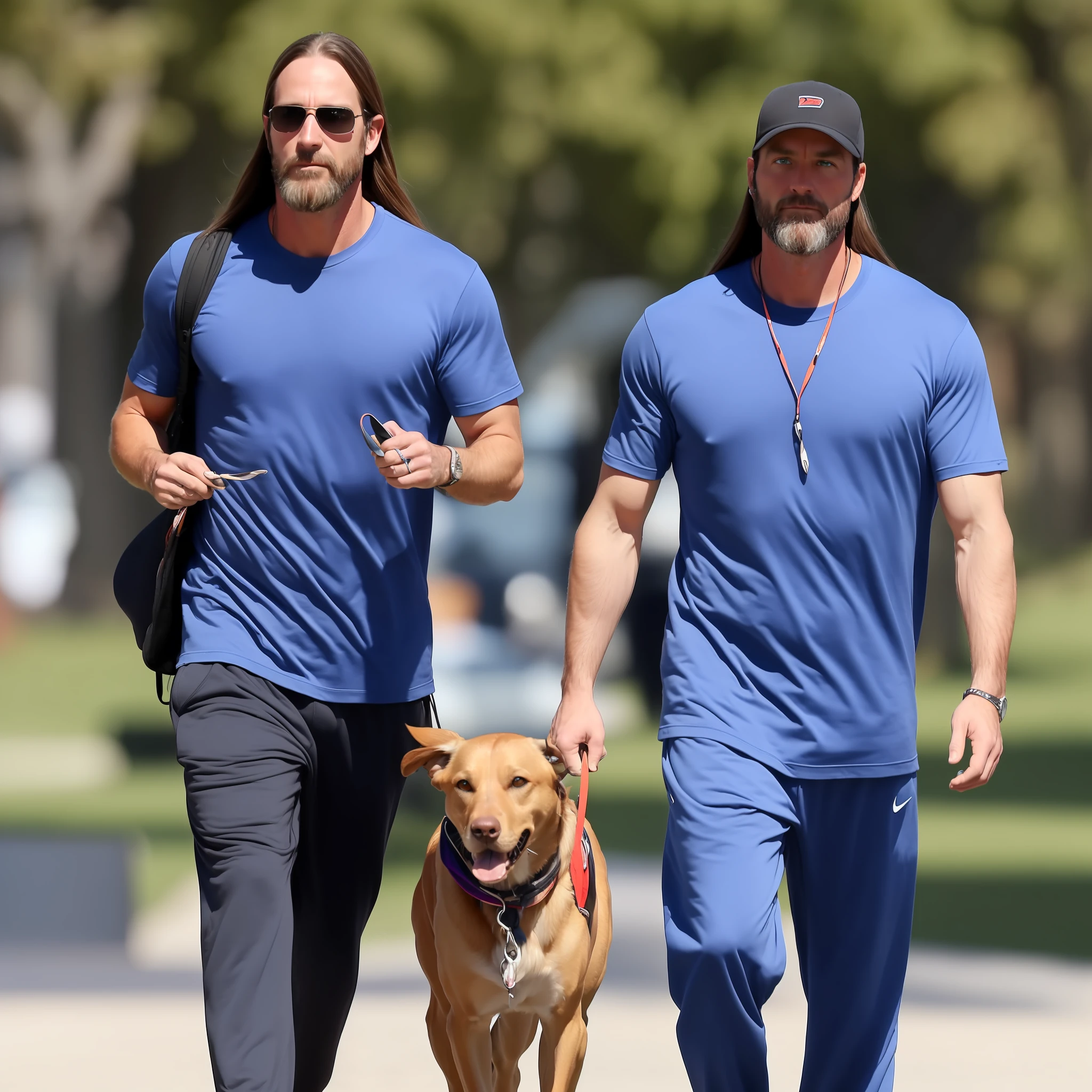 American man 35 years, has long hair is strong has blue eyes, wears sweatpants and a T-shirt, is walking his dog --auto