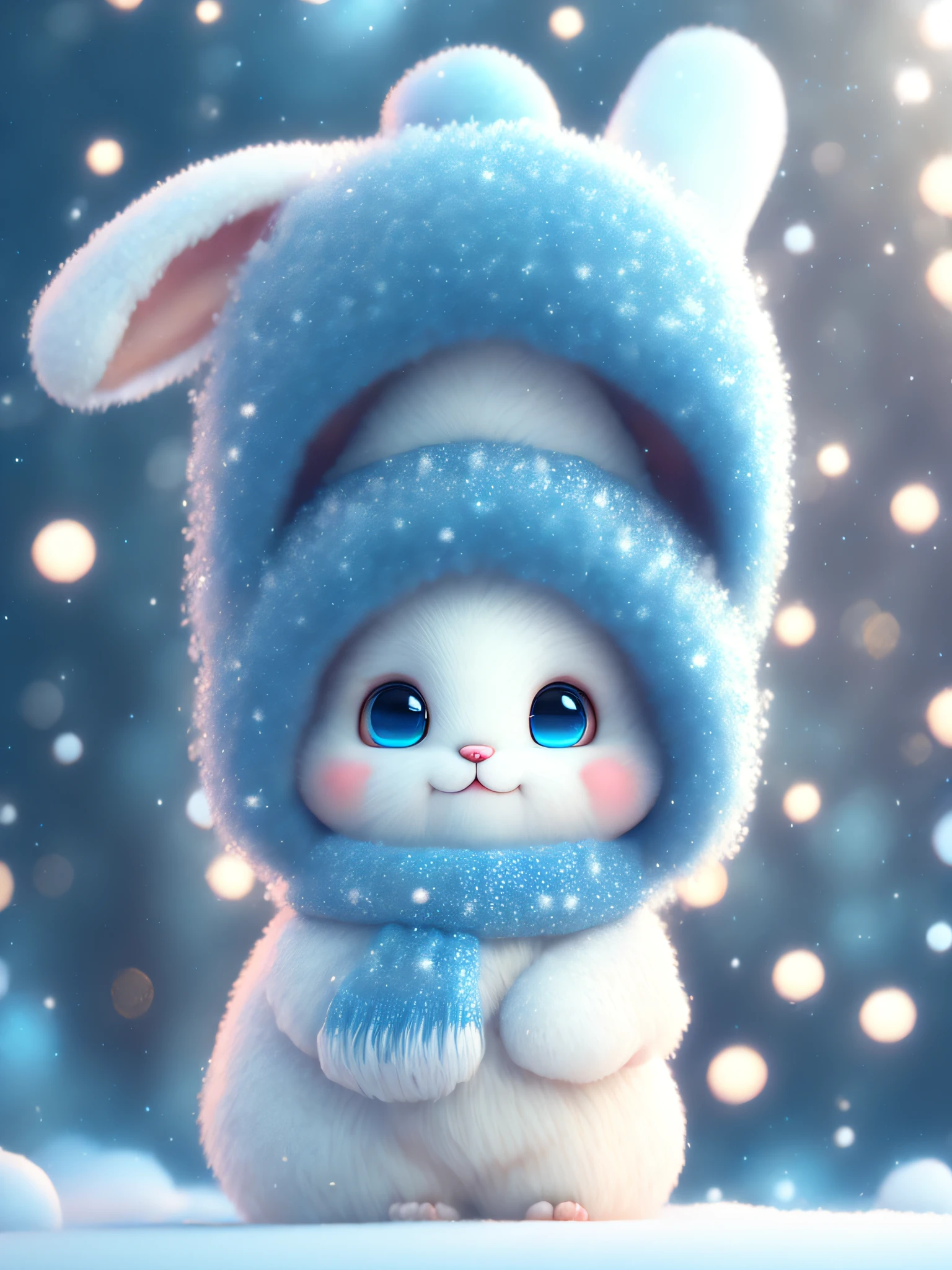 A winter full of regrets, drifting snow, super cute Pixar style blue white rabbit, sparkling snow white fluffy, bright big eyes, furry tail, wearing a cyan sweater, wearing a cyan hat, smiling, sophisticated, fairytale, incredibly high detail, Pixar style, bright colors, natural light, simple background in solid colors, 5 and octane rendering, artstation trend, gorgeous, ultra wide angle, 8k, HD realistic, 8k HD, mobile pictures, v 4 q 2 2