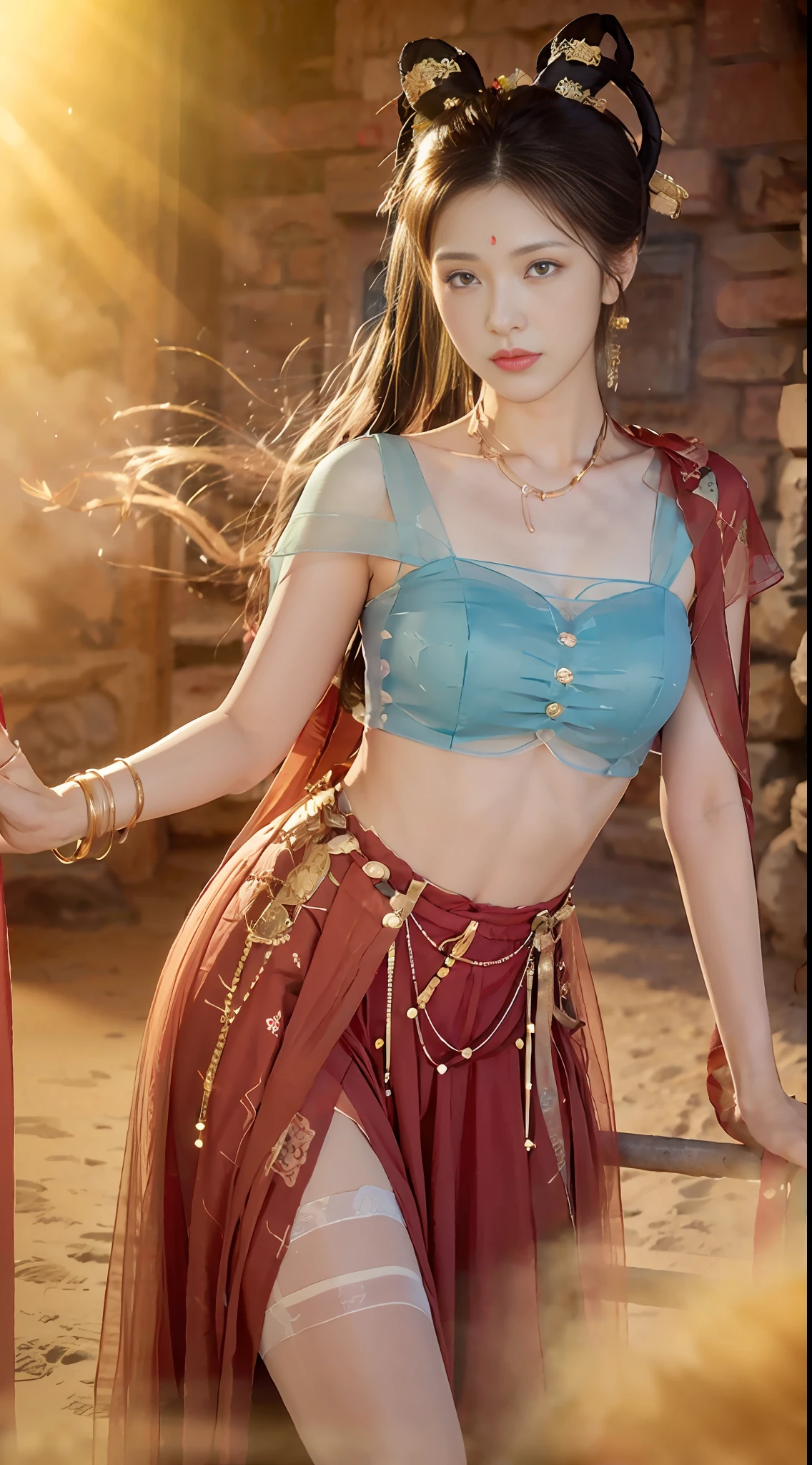 (8k, RAW photo, best quality, masterpiece:1.2), (realistic, photo-realistic:1.4), (extremely detailed CG unity 8k wallpaper), (1 girl:1.5), Western beauty, (Red clothes: 1.4), red dots on forehead, pale skin, blush, big eyes, full body, thighs, open navel, gold waist chain, gold ornaments, flying ribbons, particles, Loulan ancient city in the background, ancient city walls, desert, dance, dunhuang_dress, dunhuang_style, super detailed, high resolution, (realistic, photorealistic: 1.4), 8k, original photo, (masterpiece), (best quality), physically based rendering, female college students, long brown hair, korea, beach, look, stockings, unbuttoned_white_shirt,