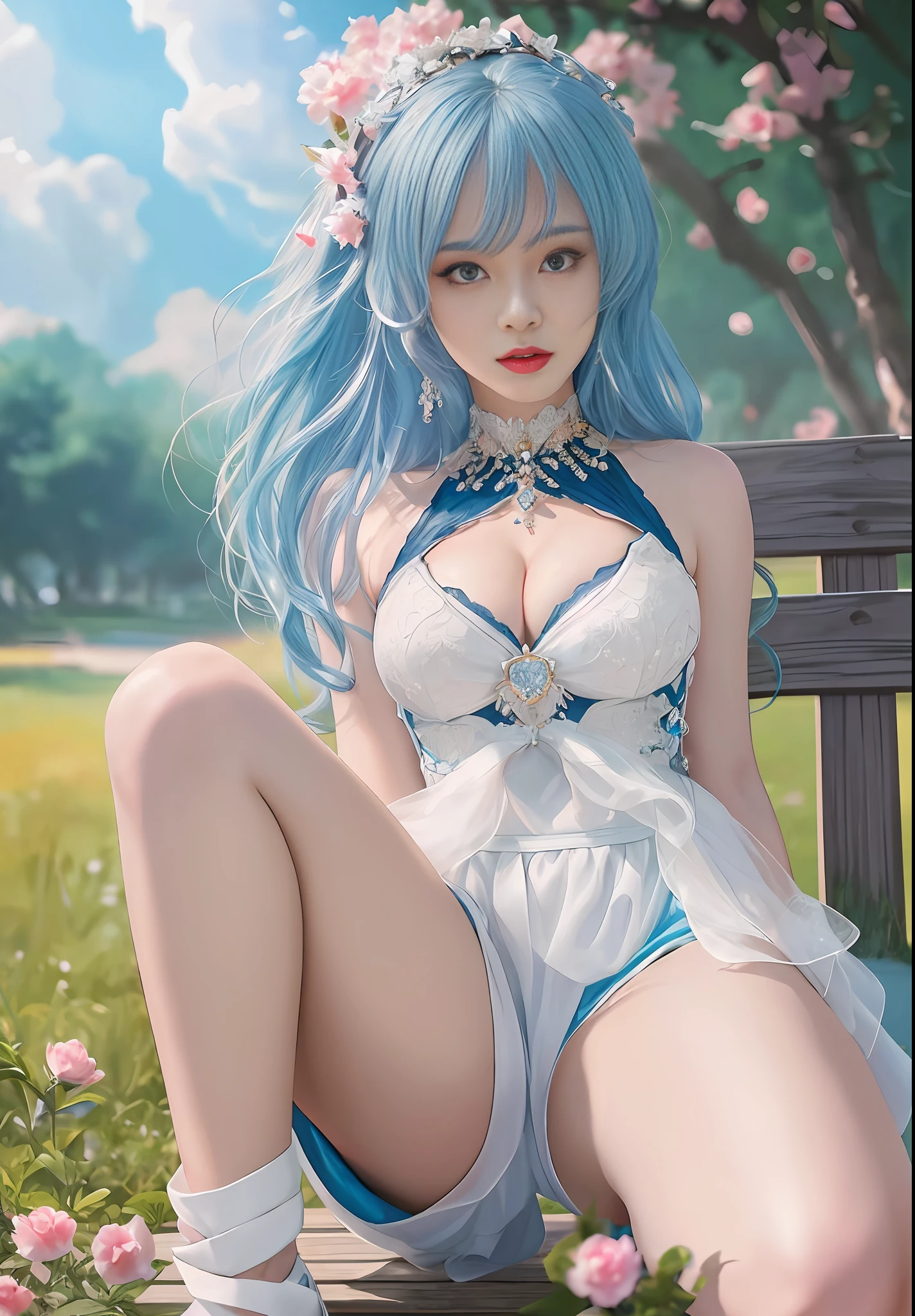 Top quality, 8k, 32k, Masterpiece, photo realistic, realistic, beautiful cosplay girl sitting on a bench in the park with blue hair, seductive cosplay girl, trending on artstation pixiv, cosplay goddess, beautiful cosplay girl squatting, fine anime cg art, 8k high quality detail art , [4k digital art]!!, professional makeup, necklace, very big breasted woman, (seductive pose), Sexy, beautiful white face shining, beautiful face, pink cheeks, beautiful lips, porcelain skin, detail intricate, super detailed, super high, highest detailed, high detailed, delicate, incredible detailed, fine detailed, cinematic lighting, top quality, masterpiece, smooth and beautiful, CG , unity, 8k wallpaper, Stunning, fine detail, unity CG wallpaper 8k ultra detailed, large file size, ultra detailed, high resolution, incredible detail, stunning detail, depth of field, oil painting effect in Rembrandt art style, concept portrait art in Stanley Artgerm Lau style, WLOP, trending on Artstation, epic, trend in society, detailed digital painting, very high quality model.