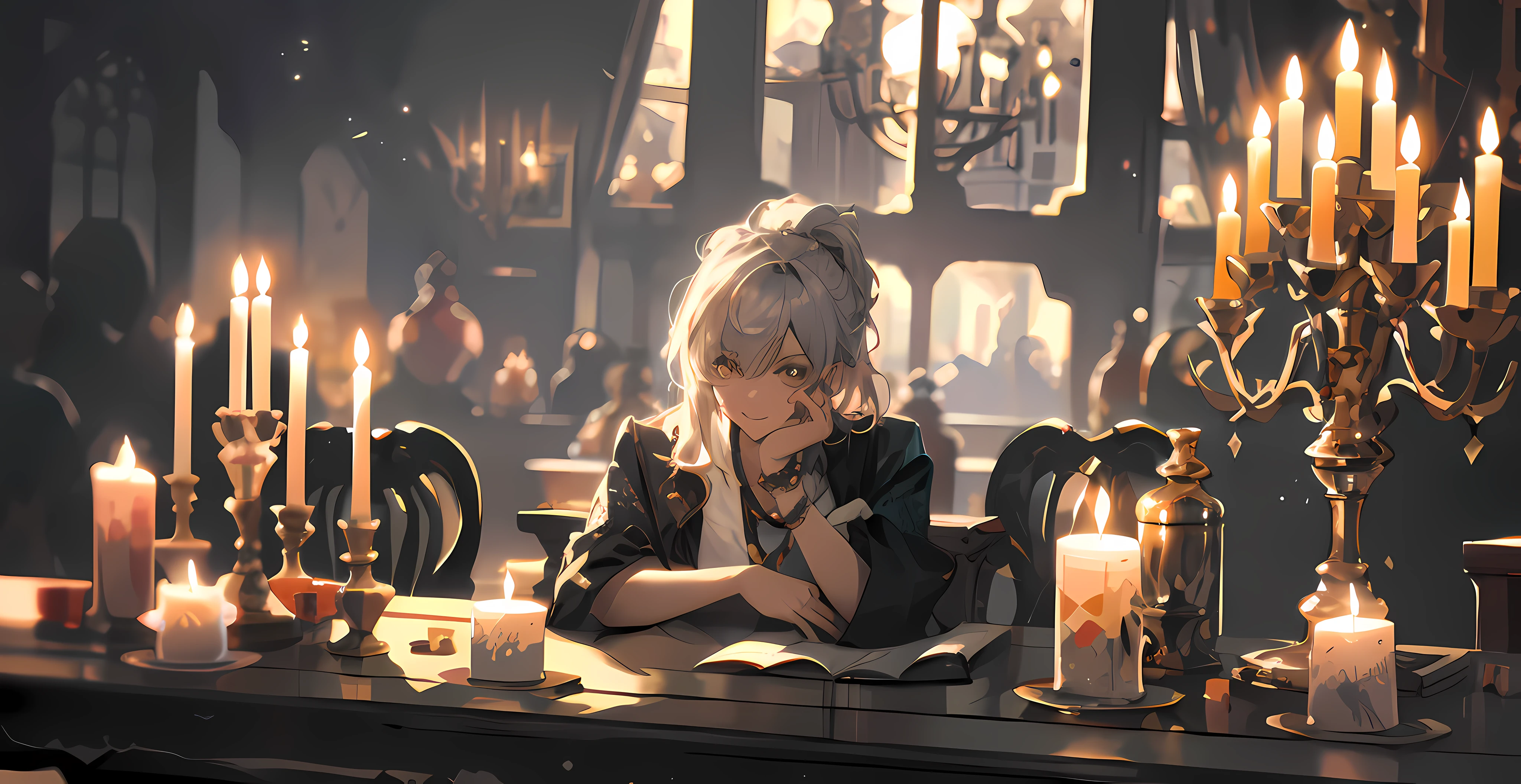 A mature and intellectual silver-haired working woman reading on a medieval-style table filled with candles, looking at the camera, single, high detail, moderate saturation, contrast between light and shadow, ultra high definition, best quality, high skin detail, black hair, hair bobbles, wince, longeyelashes, solid circle eyes, light smile, messy hair, gradient eyes, Surrealism, drop shadow, anaglyph, stereogram, tachi-e, atmospheric perspective, 8k, super detail, ccurate, best quality, 8k, highres, UHD, ccurate, textured skin, clear eye detail
