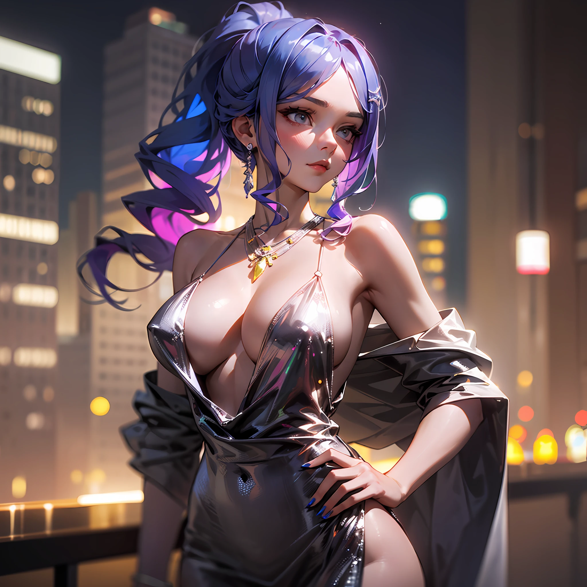 Woman posing for a photo, (wearing a deep V-neck dress: 1.2), (long ponytail hairstyle: 1.3), good feel, 4k, high resolution, masterpiece, best quality, head: 1.3, ((Hasselblad photography)), detailed skin, sharp focus, (cinematic lighting), night, soft light, dynamic angle, [:(detailed face: 1.2): 0.2], ((5 stars hotel background))), big breasts