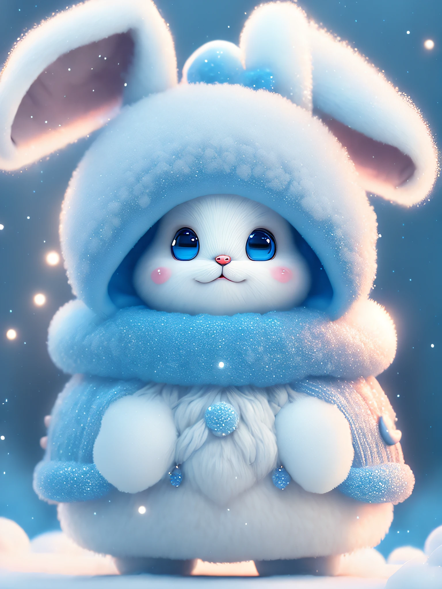 A winter full of regrets, drifting snow, super cute Pixar style blue white rabbit, sparkling snow white fluffy, bright big eyes, furry tail, wearing a cyan sweater, wearing a cyan hat, smiling, sophisticated, fairytale, incredibly high detail, Pixar style, bright colors, natural light, simple background in solid colors, 5 and octane rendering, artstation trend, gorgeous, ultra wide angle, 8k, HD realistic, 8k HD, mobile pictures, v 4 q 2 2
