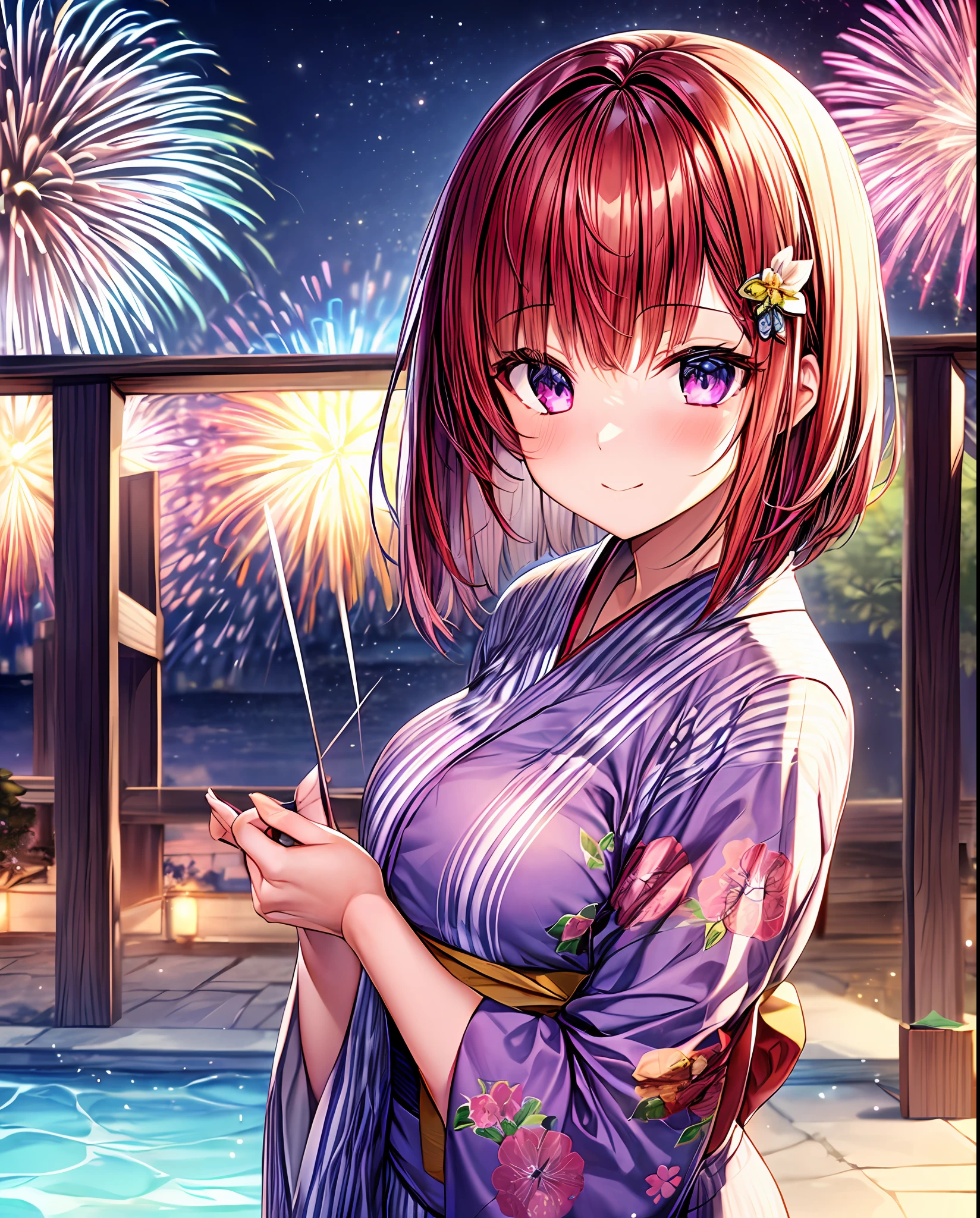 (masterpiece, top quality), 1 girl, bob cut, red hair, purple eyes, blue yukata, festival, fireworks, hair ornament, beautiful hair, cute face, beautiful eyes, long eyelashes, blunt bangs