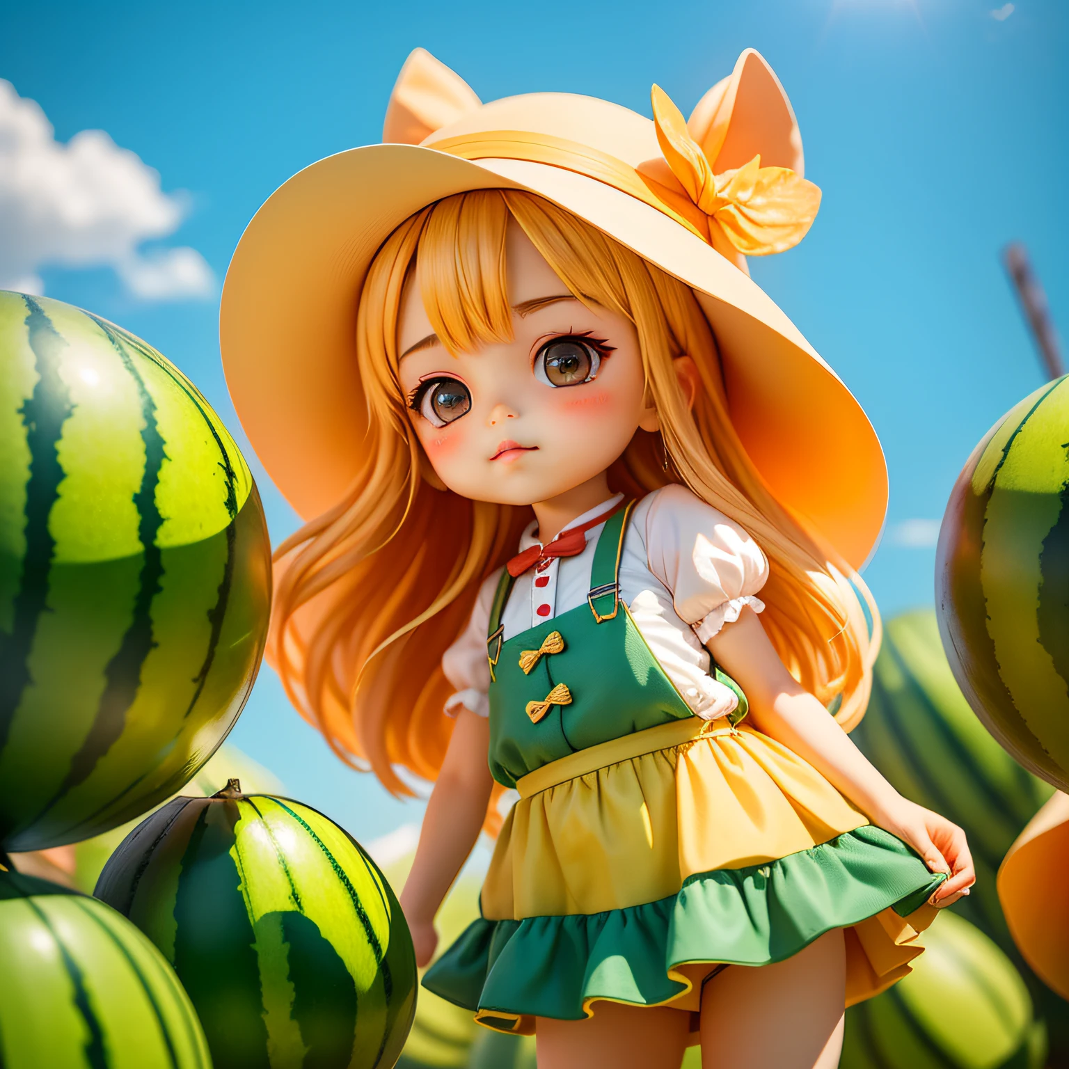 Big summer solar term, watermelon, girls, suspenders, blush