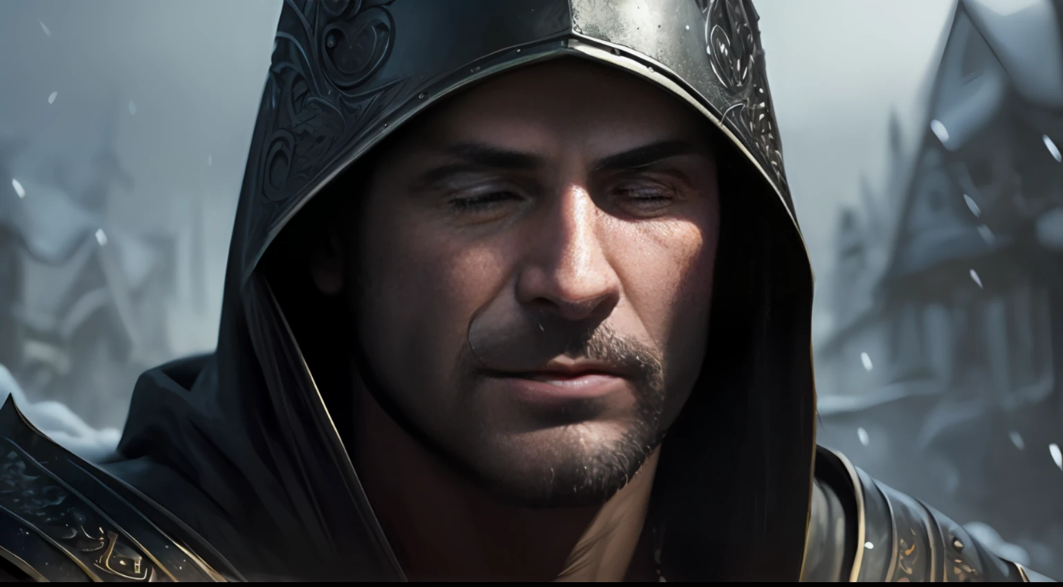 close-up of a man in armor with a hooded sword, portrait of a warrior man, winter, intelligent, big gray eyes, dirty hair, snow, wet, (insanely detailed: 1.5),, (highest quality, Greg Rutkowski, Alexander Gerasimov, concept art, 4k), ( (perfect body)), realistic, real shadow, (high sharpness), ((detailed pupils)), detailed face and eyes, trend in Artstation, fantasy-art, andreas roch style Masterpiece,  best quality, highly detailed photo: 1, 8k, (beautiful detailed face), photorealistic, cinematic footage in ultra-realistic skin canon 5d, Steve Henderson Fabian Perez Henry Asencio, Jeremy Mann Fantasia magical horror atmosphere by Marc Simonetti (highly detailed environment: 1.3) --auto