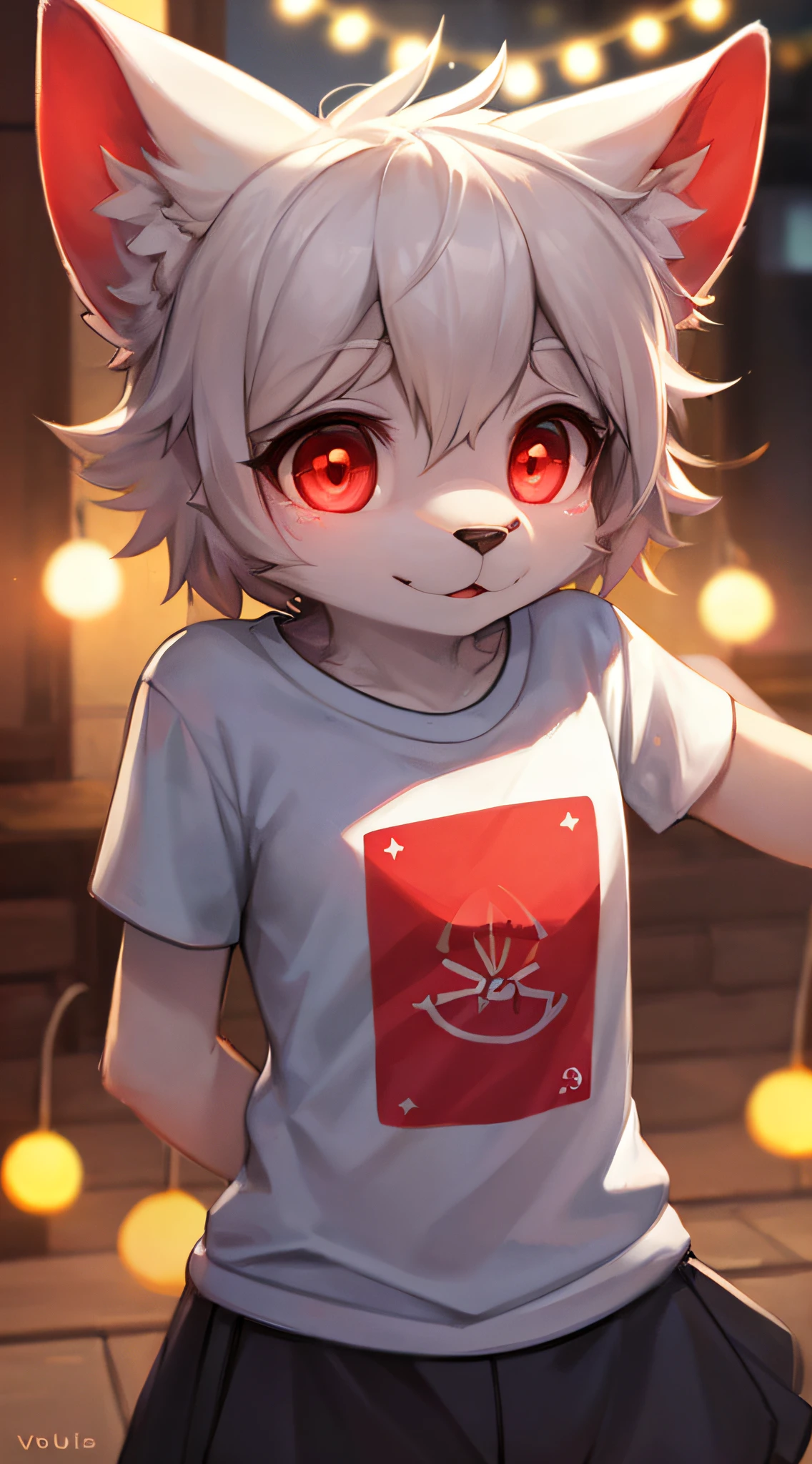 (Don costume), (hands behind him), furry, white fur, super cute face, red element on fur, glowing t-shirt, beautiful lights and shadows, ambient light, super fine fur, volumetric light