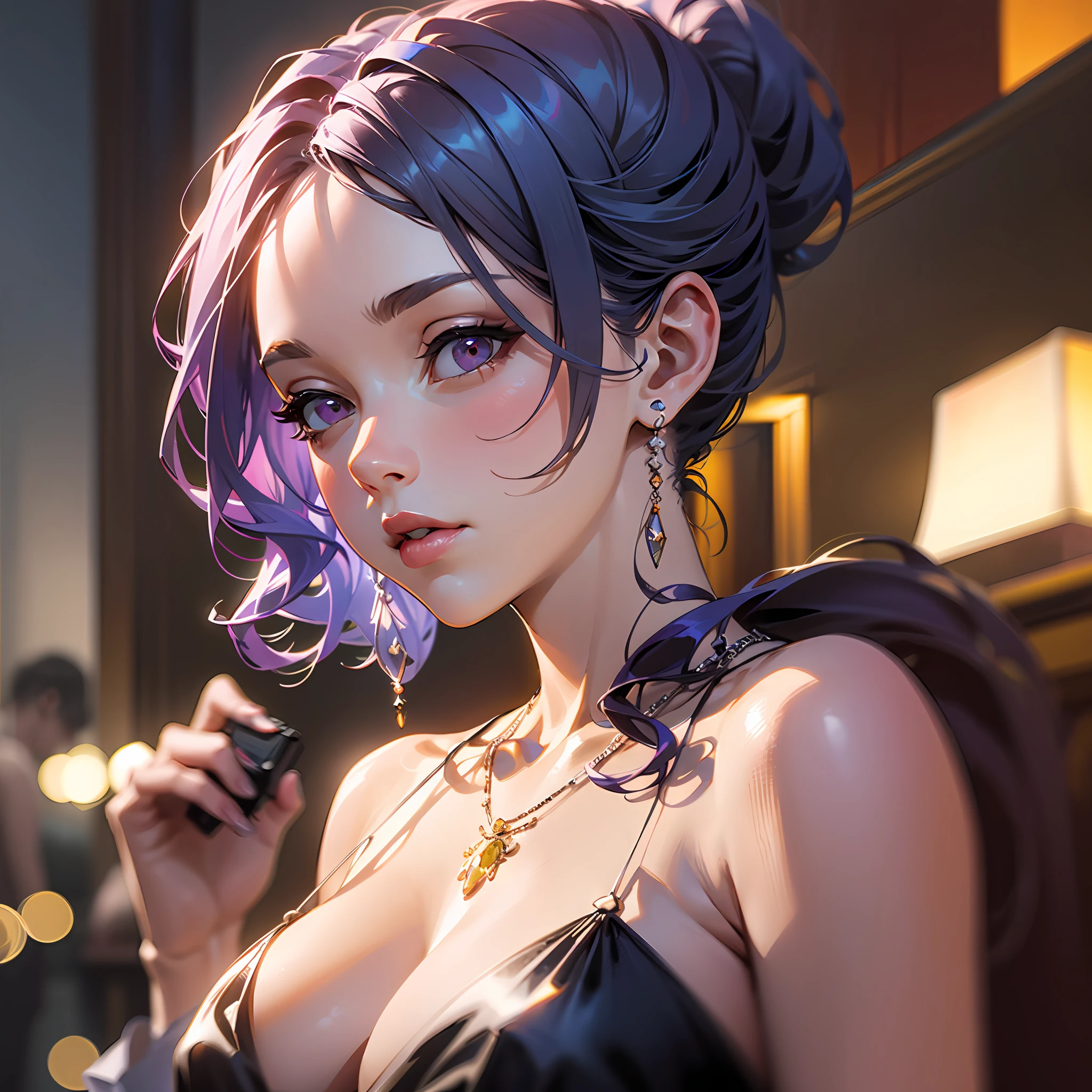 Woman posing for a photo, (wearing a deep V-neck dress: 1.2), (long ponytail hairstyle: 1.3), good feel, 4k, high resolution, masterpiece, best quality, head: 1.3, ((Hasselblad photography)), detailed skin, sharp focus, (cinematic lighting), night, soft light, dynamic angle, [:(detailed face: 1.2): 0.2], ((5 stars hotel background))), big breasts