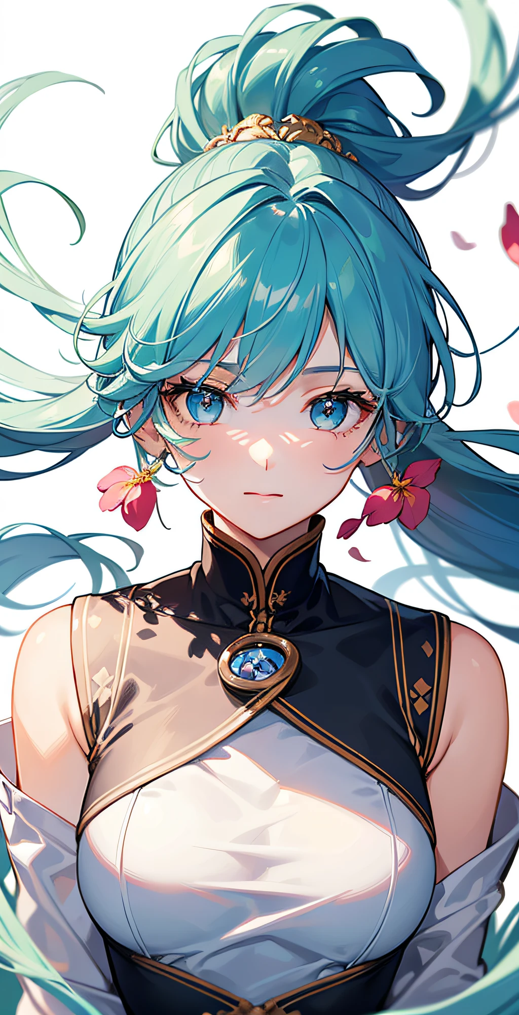 (masterpiece), (best quality), (ultra detailed),(disheveled hair),(illustration), (1girl), (Fashionable clothing), standing, Fashion model, looking at viewer, (interview), (simple background),beautiful detailed eyes, delicate beautiful face, Floating,(high saturation),(colorful splashes),colorful bubble,(shining), focus on face, ponytail, kamisato ayaka, light blue hair, bangs, hair ring, floating flowers, floating hairs, (shining), best lighting, best shadow,