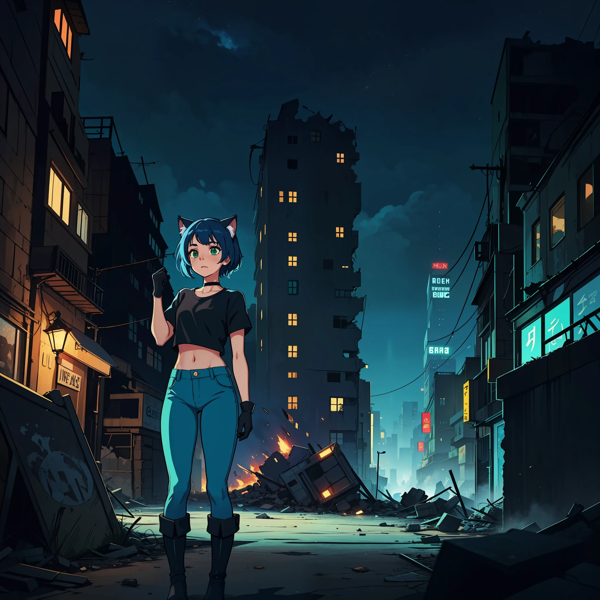 1A girl, small chest, blue hair, disheveled abundant hair, straight hair, cat ears, brown skin, green eyes, blue pants, high black boots, black croptop, high black gloves, young, apocalyptic background, Ruins, destroyed city, night, anime, 2d, cartoon, comic, high quality